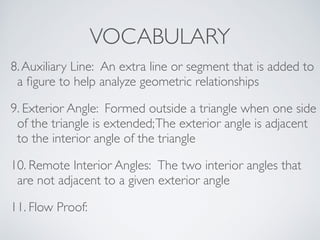 VOCABULARY
8.Auxiliary Line: An extra line or segment that is added to
a ﬁgure to help analyze geometric relationships
9. Exterior Angle: Formed outside a triangle when one side
of the triangle is extended;The exterior angle is adjacent
to the interior angle of the triangle
10. Remote Interior Angles: The two interior angles that
are not adjacent to a given exterior angle
11. Flow Proof:
 