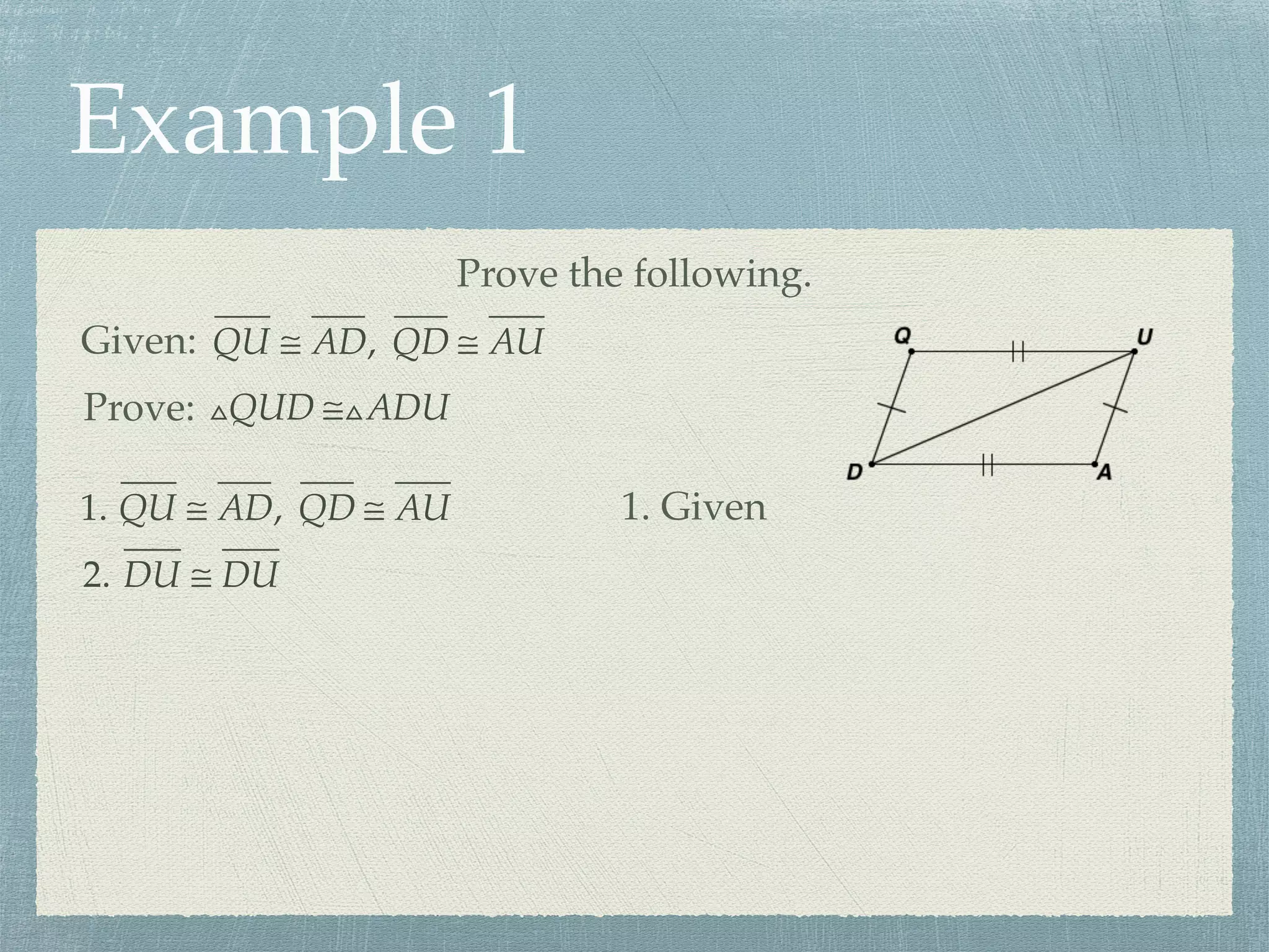 Example 1
Prove the following.
Given: QU ≅ AD, QD ≅ AU
Prove: △QUD ≅△ADU
1. QU ≅ AD, QD ≅ AU 1. Given
2. DU ≅ DU
 