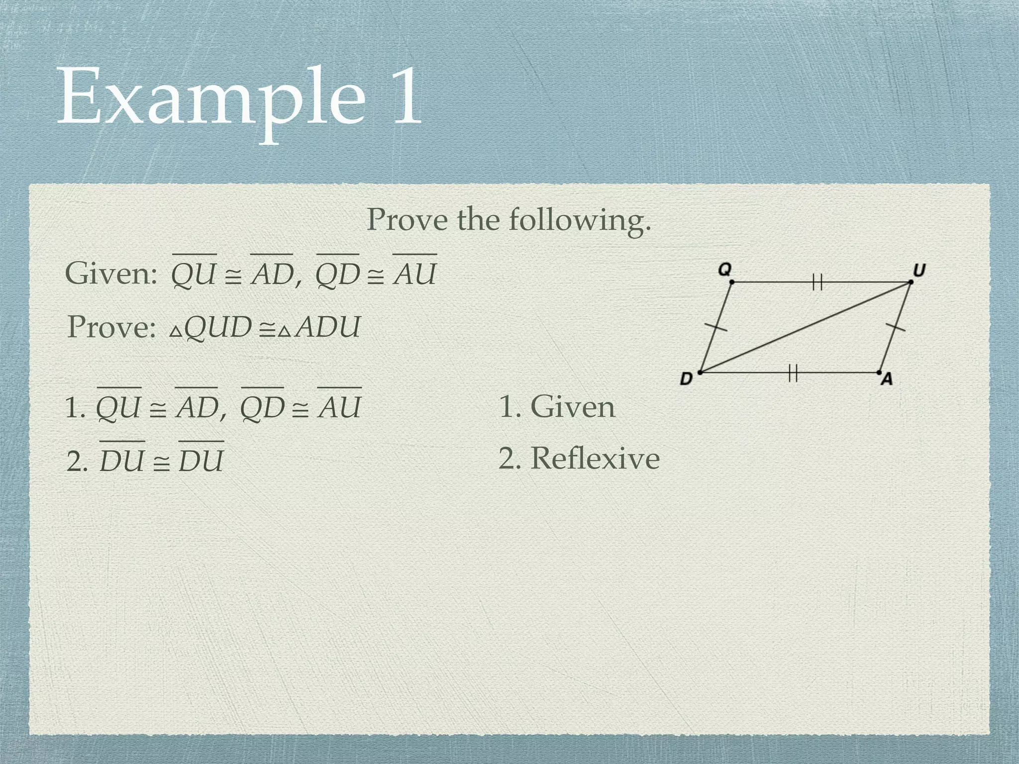 Example 1
Prove the following.
Given: QU ≅ AD, QD ≅ AU
Prove: △QUD ≅△ADU
1. QU ≅ AD, QD ≅ AU 1. Given
2. DU ≅ DU 2. Reﬂexive
 