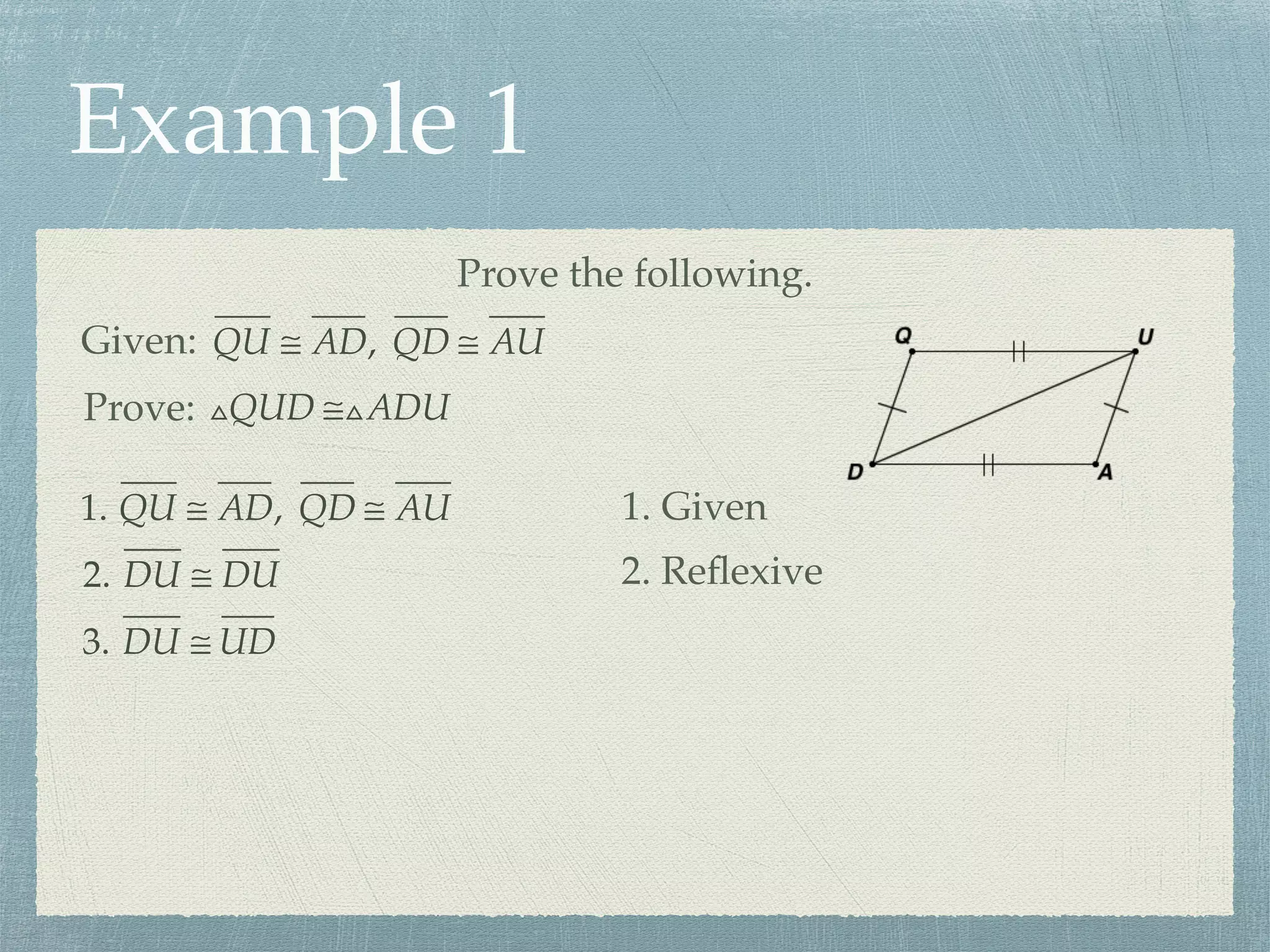 Example 1
Prove the following.
Given: QU ≅ AD, QD ≅ AU
Prove: △QUD ≅△ADU
1. QU ≅ AD, QD ≅ AU 1. Given
2. DU ≅ DU 2. Reﬂexive
3. DU ≅ UD
 