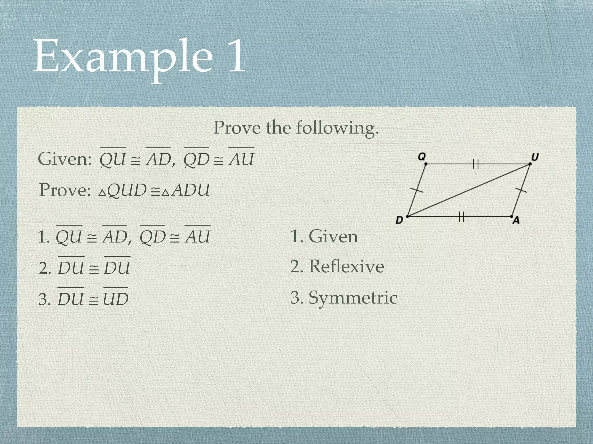 Example 1
Prove the following.
Given: QU ≅ AD, QD ≅ AU
Prove: △QUD ≅△ADU
1. QU ≅ AD, QD ≅ AU 1. Given
2. DU ≅ DU 2. Reﬂexive
3. DU ≅ UD 3. Symmetric
 