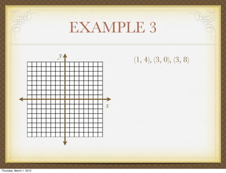 EXAMPLE 3
                          y
                                     (1, 4), (3, 0), (3, 8)




                                 x




Thursday, March 1, 2012
 