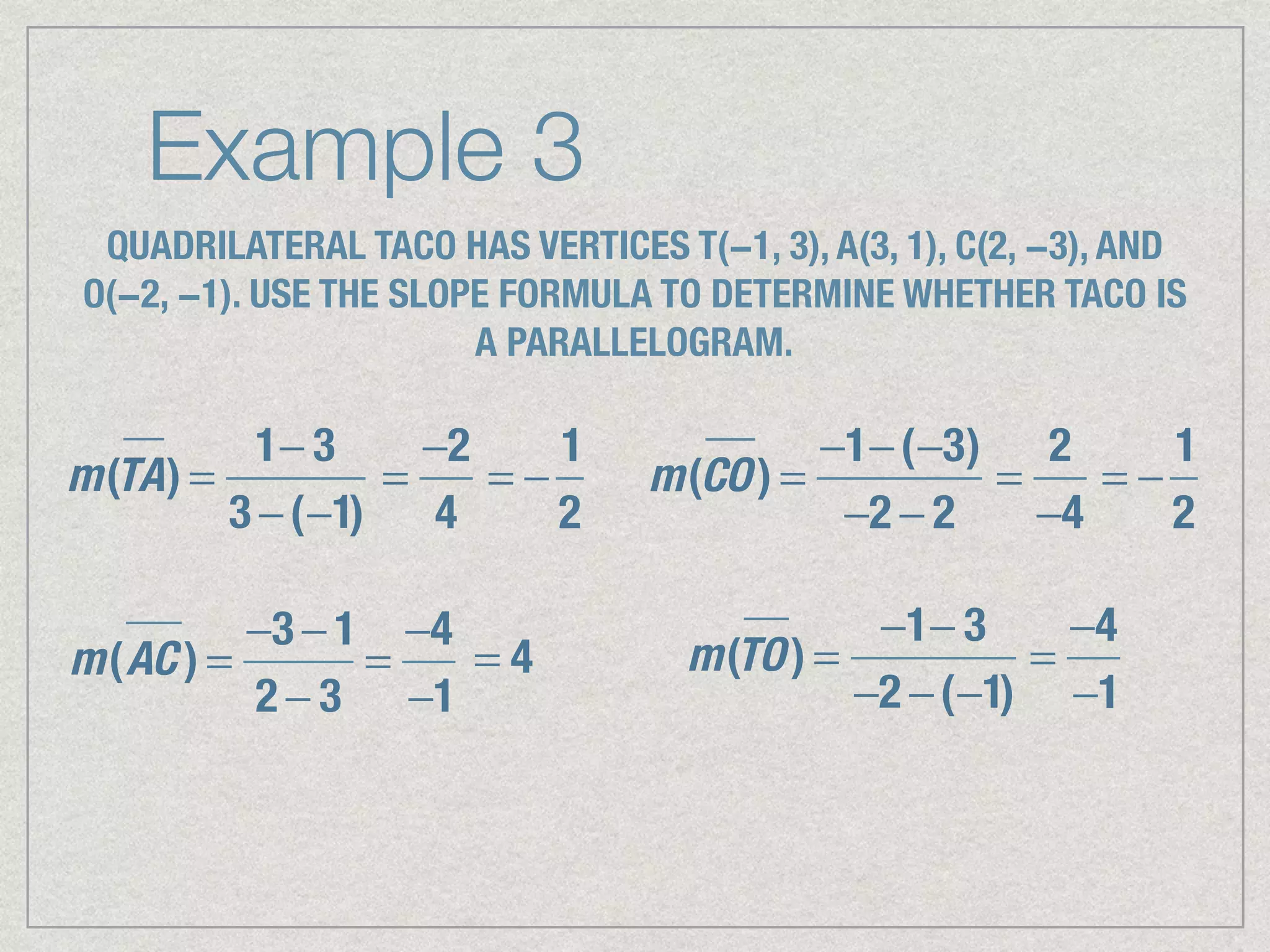 Example 3
QUADRILATERAL TACO HAS VERTICES T(−1, 3), A(3, 1), C(2, −3), AND
O(−2, −1). USE THE SLOPE FORMULA TO DETERMINE WHETHER TACO IS
A PARALLELOGRAM.
m(TA) =
1− 3
3 −(−1)
=
−2
4
= −
1
2
m(CO) =
−1−(−3)
−2 − 2
=
2
−4
= −
1
2
m(AC ) =
−3 − 1
2 − 3
=
−4
−1
= 4 m(TO) =
−1− 3
−2 −(−1)
=
−4
−1
 