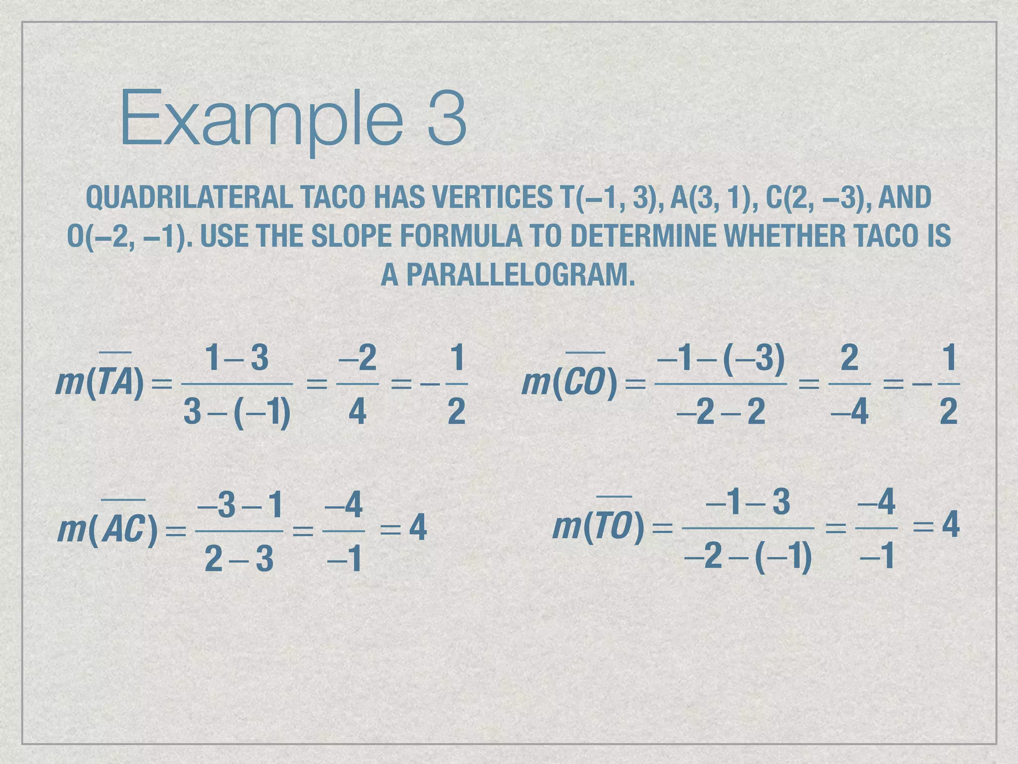 Example 3
QUADRILATERAL TACO HAS VERTICES T(−1, 3), A(3, 1), C(2, −3), AND
O(−2, −1). USE THE SLOPE FORMULA TO DETERMINE WHETHER TACO IS
A PARALLELOGRAM.
m(TA) =
1− 3
3 −(−1)
=
−2
4
= −
1
2
m(CO) =
−1−(−3)
−2 − 2
=
2
−4
= −
1
2
m(AC ) =
−3 − 1
2 − 3
=
−4
−1
= 4 m(TO) =
−1− 3
−2 −(−1)
=
−4
−1
= 4
 