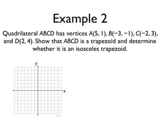 Example 2
Quadrilateral ABCD has vertices A(5, 1), B(−3, −1), C(−2, 3),
and D(2, 4). Show that ABCD is a trapezoid and determine
whether it is an isosceles trapezoid.
x
y
 
