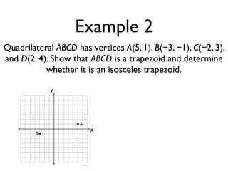 Example 2
Quadrilateral ABCD has vertices A(5, 1), B(−3, −1), C(−2, 3),
and D(2, 4). Show that ABCD is a trapezoid and determine
whether it is an isosceles trapezoid.
x
y
A
B
 