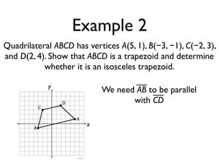 Example 2
Quadrilateral ABCD has vertices A(5, 1), B(−3, −1), C(−2, 3),
and D(2, 4). Show that ABCD is a trapezoid and determine
whether it is an isosceles trapezoid.
x
y
A
B
C
D
We need AB to be parallel
with CD
 