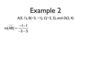 Example 2
A(5, 1), B(−3, −1), C(−2, 3), and D(2, 4)
m(AB) =
−1−1
−3− 5
 