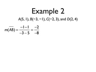 Example 2
A(5, 1), B(−3, −1), C(−2, 3), and D(2, 4)
m(AB) =
−1−1
−3− 5
=
−2
−8
 