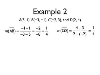 Example 2
A(5, 1), B(−3, −1), C(−2, 3), and D(2, 4)
m(AB) =
−1−1
−3− 5
=
−2
−8
=
1
4
m(CD) =
4 − 3
2 − (−2)
=
1
4
 