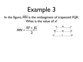 Example 3
In the ﬁgure, MN is the midsegment of trapezoid FGJK.
What is the value of x?
MN =
KF + JG
2
 