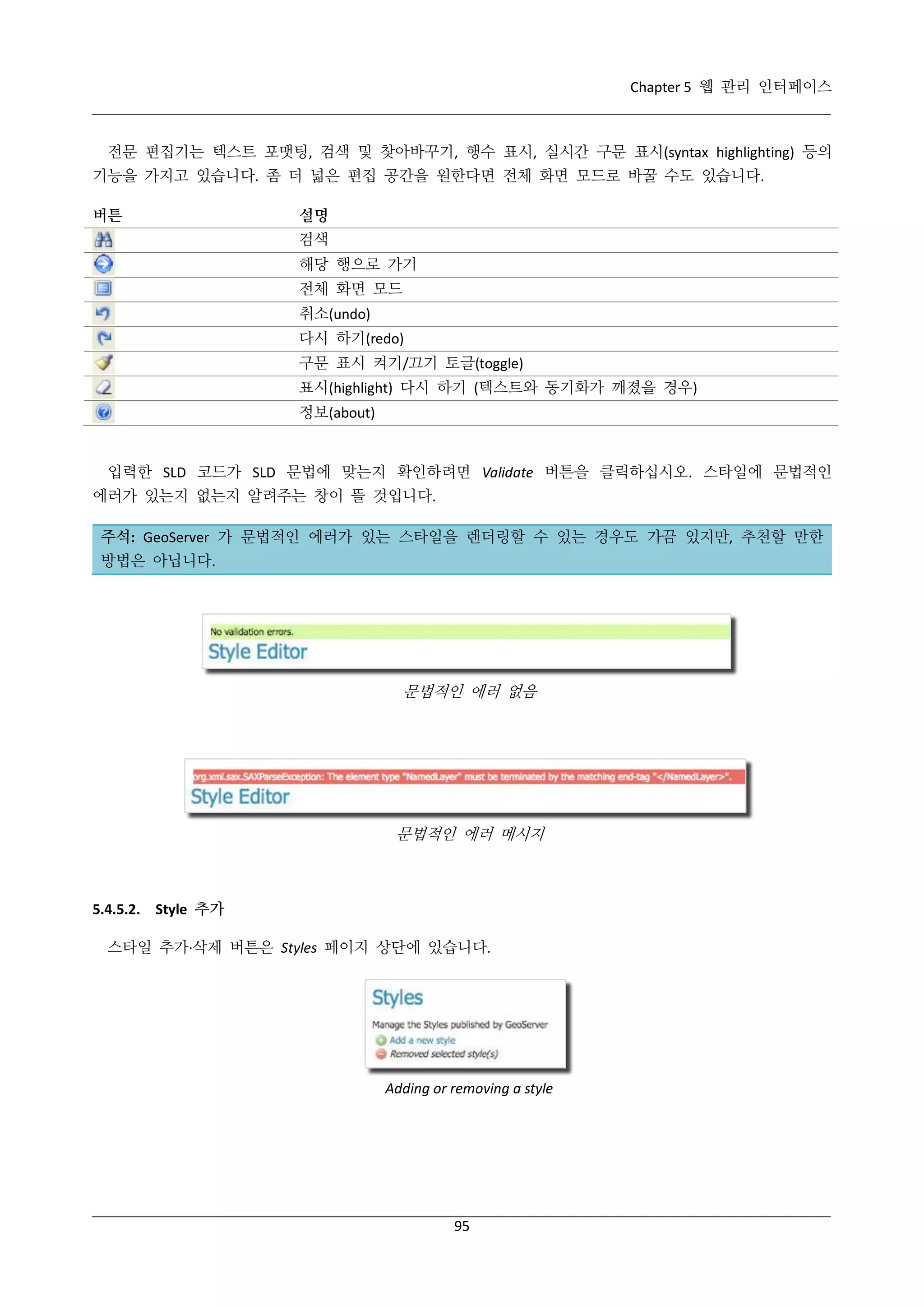 Chapter 5 웹 관리 인터페이스

전문 편집기는 텍스트 포맷팅, 검색 및 찾아바꾸기, 행수 표시, 실시간 구문 표시(syntax highlighting) 등의
기능을 가지고 있습니다. 좀 더 넓은 편집 공간을 원한다면 전체 화면 모드로 바꿀 수도 있습니다.
버튼

설명
검색
해당 행으로 가기
전체 화면 모드
취소(undo)
다시 하기(redo)
구문 표시 켜기/끄기 토글(toggle)
표시(highlight) 다시 하기 (텍스트와 동기화가 깨졌을 경우)
정보(about)

입력한 SLD 코드가 SLD 문법에 맞는지 확인하려면 Validate 버튼을 클릭하십시오. 스타일에 문법적인
에러가 있는지 없는지 알려주는 창이 뜰 것입니다.
주석: GeoServer 가 문법적인 에러가 있는 스타일을 렌더링할 수 있는 경우도 가끔 있지만, 추천할 만한
방법은 아닙니다.

문법적인 에러 없음

문법적인 에러 메시지

5.4.5.2. Style 추가
스타일 추가·
삭제 버튼은 Styles 페이지 상단에 있습니다.

Adding or removing a style

95

 