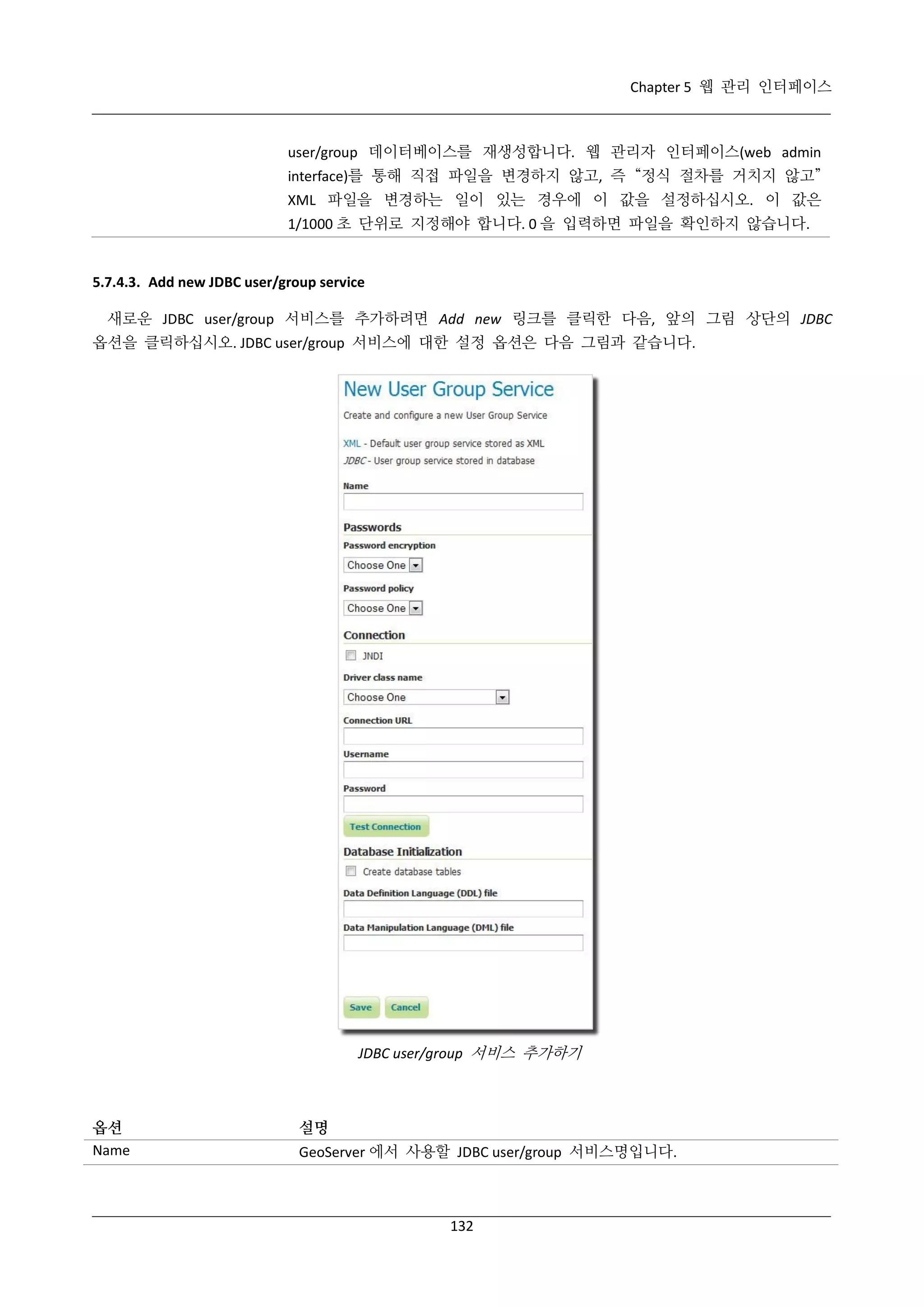 Chapter 5 웹 관리 인터페이스

user/group 데이터베이스를 재생성합니다. 웹 관리자 인터페이스(web admin
interface)를 통해 직접 파일을 변경하지 않고, 즉 “정식 절차를 거치지 않고”
XML 파일을 변경하는 일이 있는 경우에 이 값을 설정하십시오. 이 값은
1/1000 초 단위로 지정해야 합니다. 0 을 입력하면 파일을 확인하지 않습니다.

5.7.4.3. Add new JDBC user/group service
새로운 JDBC user/group 서비스를 추가하려면 Add new 링크를 클릭한 다음, 앞의 그림 상단의 JDBC
옵션을 클릭하십시오. JDBC user/group 서비스에 대한 설정 옵션은 다음 그림과 같습니다.

JDBC user/group 서비스 추가하기

옵션
Name

설명
GeoServer 에서 사용할 JDBC user/group 서비스명입니다.

132

 