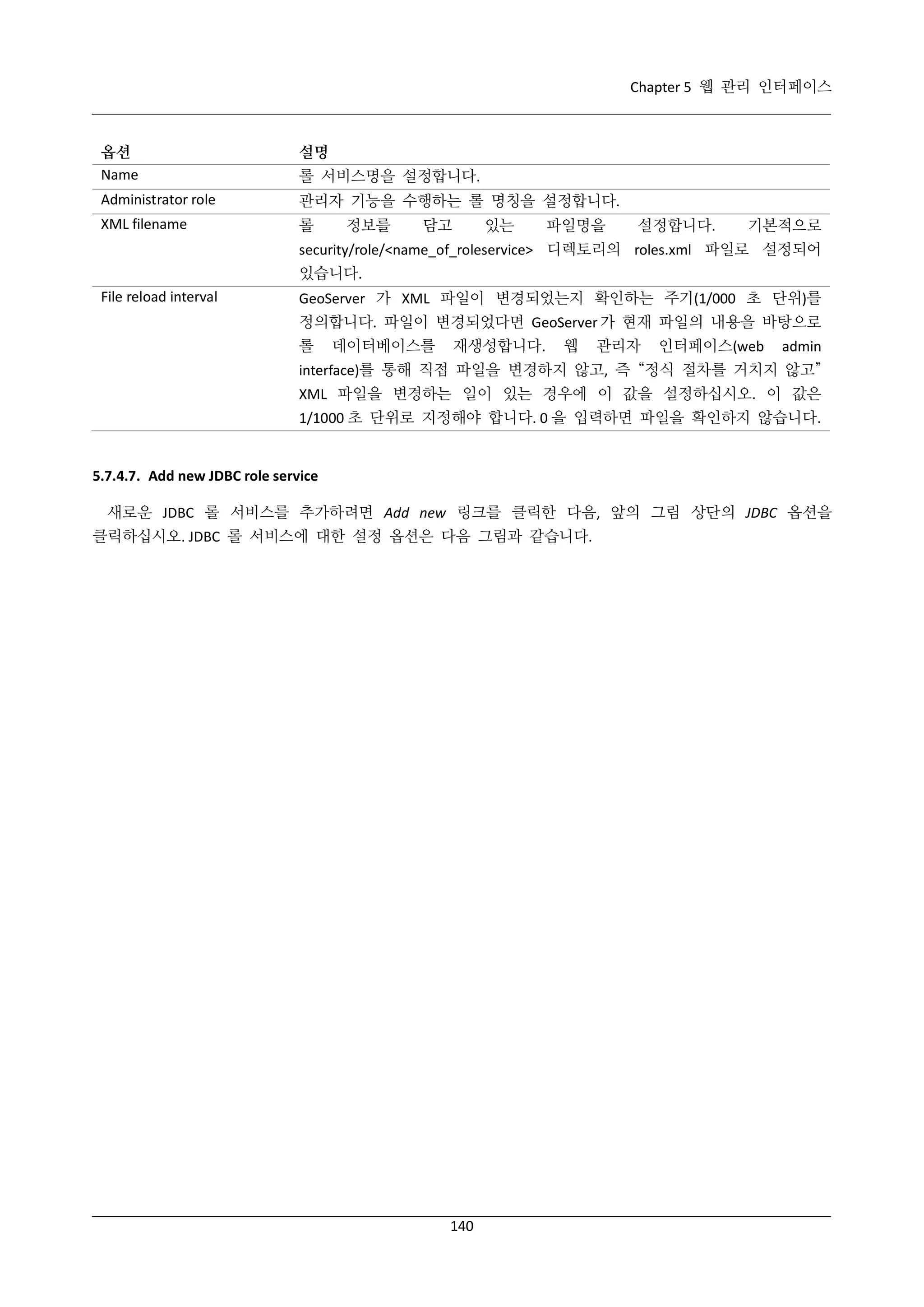 Chapter 5 웹 관리 인터페이스

옵션
Name

설명

Administrator role

관리자 기능을 수행하는 롤 명칭을 설정합니다.

XML filename

롤

롤 서비스명을 설정합니다.
정보를

담고

있는

파일명을

설정합니다.

기본적으로

security/role/<name_of_roleservice> 디렉토리의 roles.xml 파일로 설정되어
있습니다.
File reload interval

GeoServer 가 XML 파일이 변경되었는지 확인하는 주기(1/000 초 단위)를
정의합니다. 파일이 변경되었다면 GeoServer 가 현재 파일의 내용을 바탕으로
롤

데이터베이스를

재생성합니다.

웹

관리자

인터페이스(web

admin

interface)를 통해 직접 파일을 변경하지 않고, 즉 “정식 절차를 거치지 않고”
XML 파일을 변경하는 일이 있는 경우에 이 값을 설정하십시오. 이 값은
1/1000 초 단위로 지정해야 합니다. 0 을 입력하면 파일을 확인하지 않습니다.

5.7.4.7. Add new JDBC role service
새로운 JDBC 롤 서비스를 추가하려면 Add new 링크를 클릭한 다음, 앞의 그림 상단의 JDBC 옵션을
클릭하십시오. JDBC 롤 서비스에 대한 설정 옵션은 다음 그림과 같습니다.

140

 
