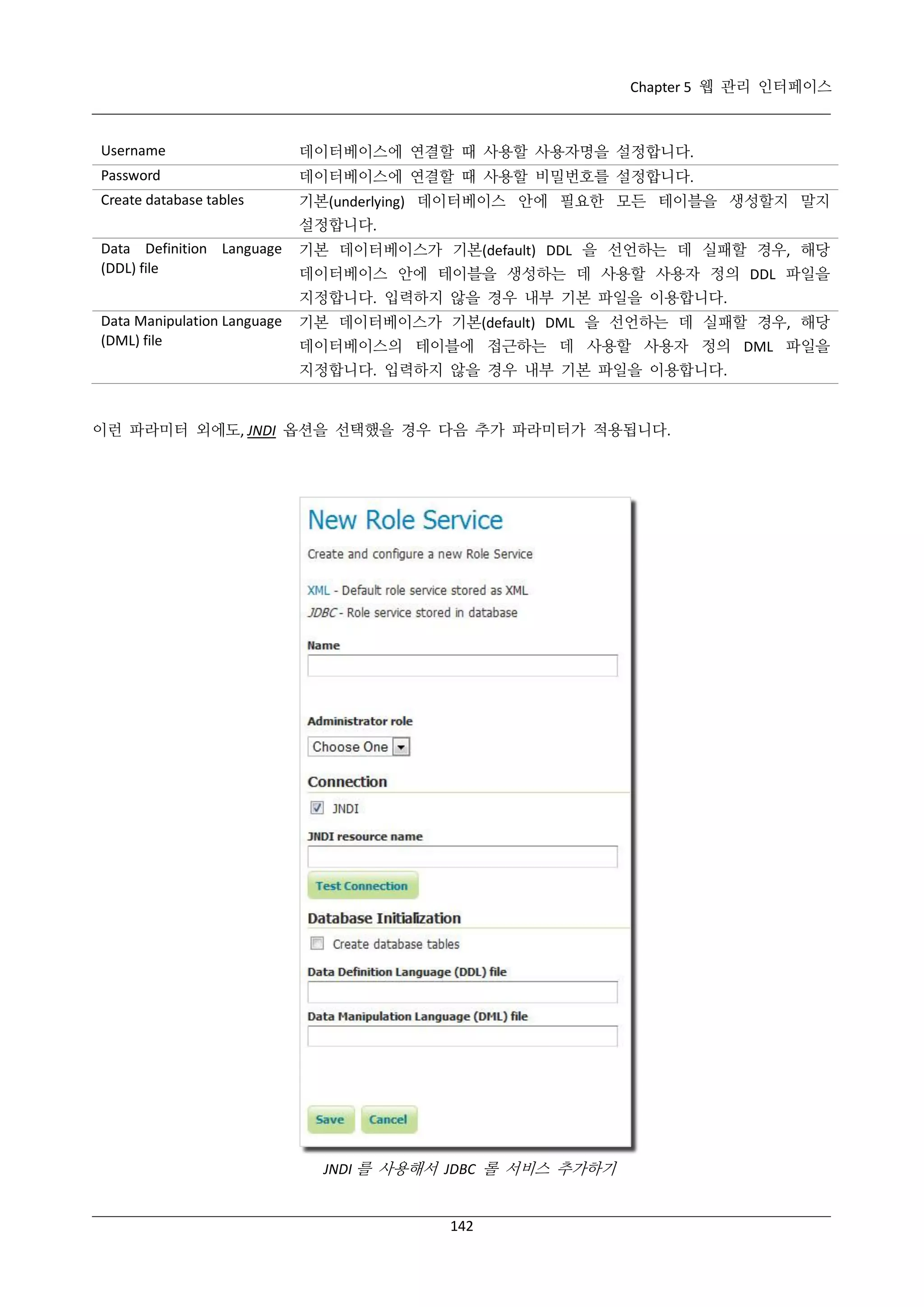 Chapter 5 웹 관리 인터페이스

Username

데이터베이스에 연결할 때 사용할 사용자명을 설정합니다.

Password

데이터베이스에 연결할 때 사용할 비밀번호를 설정합니다.

Create database tables

기본(underlying) 데이터베이스 안에 필요한 모든 테이블을 생성할지 말지
설정합니다.

Data Definition Language
(DDL) file

기본 데이터베이스가 기본(default) DDL 을 선언하는 데 실패할 경우, 해당
데이터베이스 안에 테이블을 생성하는 데 사용할 사용자 정의 DDL 파일을
지정합니다. 입력하지 않을 경우 내부 기본 파일을 이용합니다.

Data Manipulation Language
(DML) file

기본 데이터베이스가 기본(default) DML 을 선언하는 데 실패할 경우, 해당
데이터베이스의 테이블에 접근하는 데 사용할 사용자 정의 DML 파일을
지정합니다. 입력하지 않을 경우 내부 기본 파일을 이용합니다.

이런 파라미터 외에도, JNDI 옵션을 선택했을 경우 다음 추가 파라미터가 적용됩니다.

JNDI 를 사용해서 JDBC 롤 서비스 추가하기

142

 