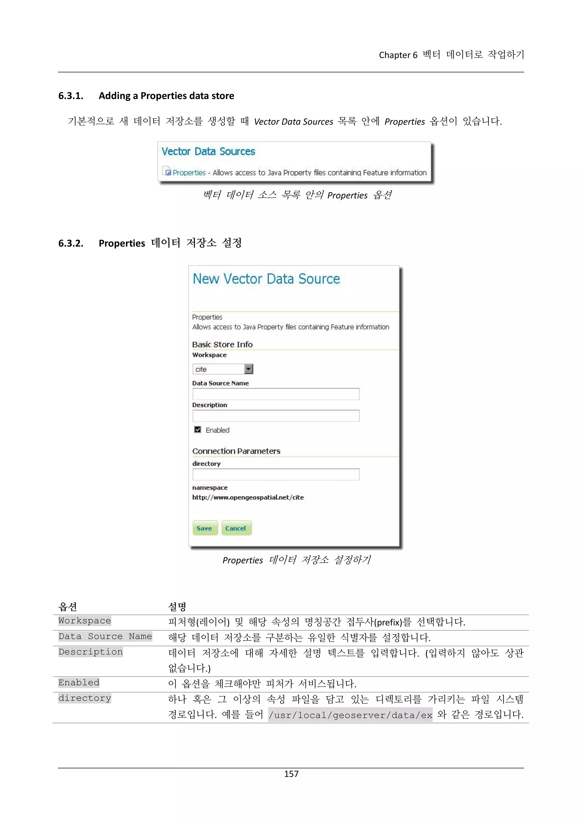 Chapter 6 벡터 데이터로 작업하기

6.3.1.

Adding a Properties data store

기본적으로 새 데이터 저장소를 생성할 때 Vector Data Sources 목록 안에 Properties 옵션이 있습니다.

벡터 데이터 소스 목록 안의 Properties 옵션

6.3.2.

Properties 데이터 저장소 설정

Properties 데이터 저장소 설정하기

옵션
Workspace

설명

Data Source Name

해당 데이터 저장소를 구분하는 유일한 식별자를 설정합니다.

Description

데이터 저장소에 대해 자세한 설명 텍스트를 입력합니다. (입력하지 않아도 상관

피처형(레이어) 및 해당 속성의 명칭공간 접두사(prefix)를 선택합니다.

없습니다.)
Enabled

이 옵션을 체크해야만 피처가 서비스됩니다.

directory

하나 혹은 그 이상의 속성 파일을 담고 있는 디렉토리를 가리키는 파일 시스템
경로입니다. 예를 들어 /usr/local/geoserver/data/ex 와 같은 경로입니다.

157

 