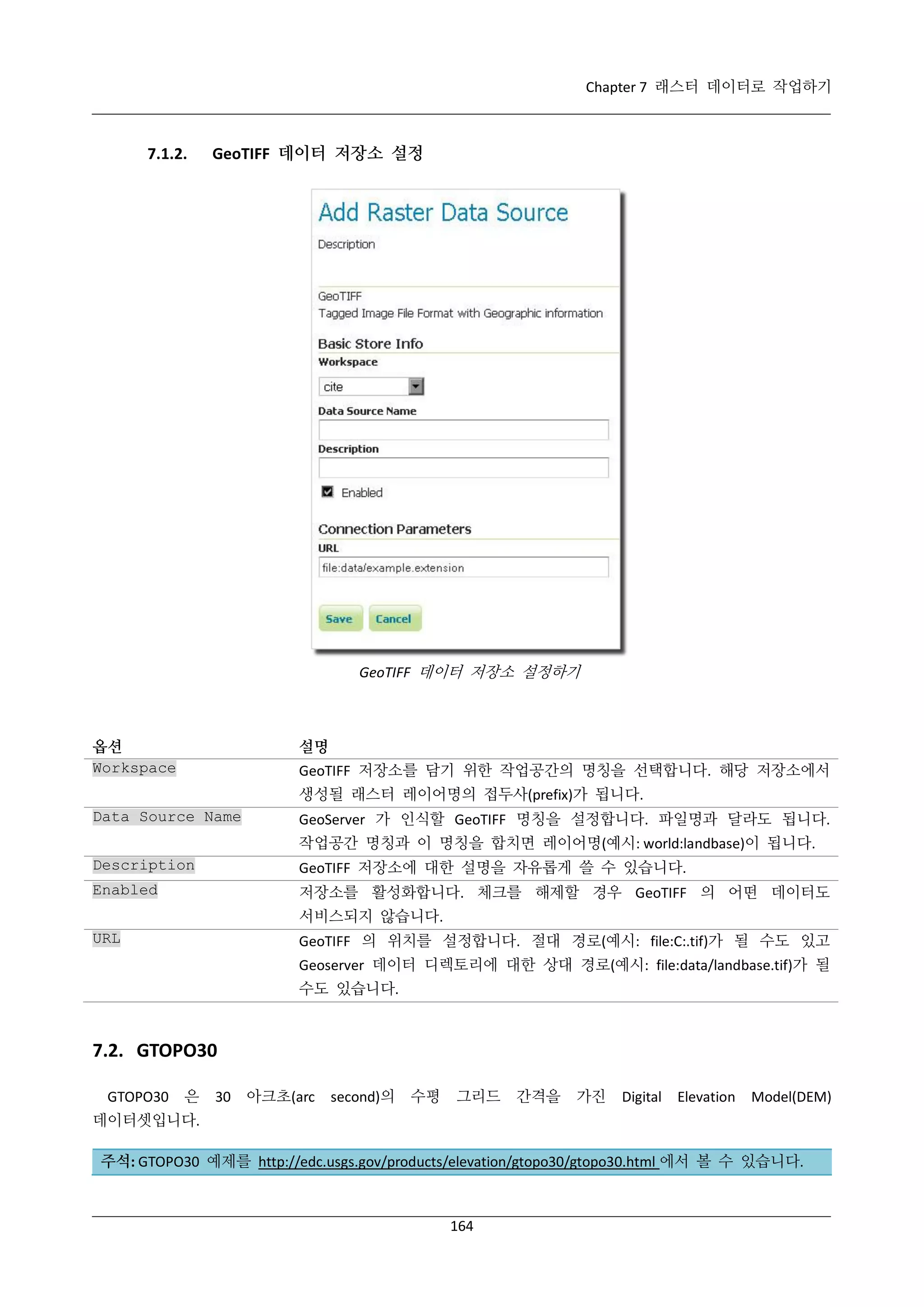 Chapter 7 래스터 데이터로 작업하기

7.1.2.

GeoTIFF 데이터 저장소 설정

GeoTIFF 데이터 저장소 설정하기

옵션
Workspace

설명
GeoTIFF 저장소를 담기 위한 작업공간의 명칭을 선택합니다. 해당 저장소에서
생성될 래스터 레이어명의 접두사(prefix)가 됩니다.

Data Source Name

GeoServer 가 인식할 GeoTIFF 명칭을 설정합니다. 파일명과 달라도 됩니다.
작업공간 명칭과 이 명칭을 합치면 레이어명(예시: world:landbase)이 됩니다.

Description

GeoTIFF 저장소에 대한 설명을 자유롭게 쓸 수 있습니다.

Enabled

저장소를 활성화합니다. 체크를 해제할 경우 GeoTIFF 의 어떤 데이터도
서비스되지 않습니다.

URL

GeoTIFF 의 위치를 설정합니다. 절대 경로(예시: file:C:.tif)가 될 수도 있고
Geoserver 데이터 디렉토리에 대한 상대 경로(예시: file:data/landbase.tif)가 될
수도 있습니다.

7.2. GTOPO30
GTOPO30

은

30

아크초(arc

second)의

수평

그리드

간격을

가진

Digital

Elevation

Model(DEM)

데이터셋입니다.
주석: GTOPO30 예제를 http://edc.usgs.gov/products/elevation/gtopo30/gtopo30.html 에서 볼 수 있습니다.

164

 