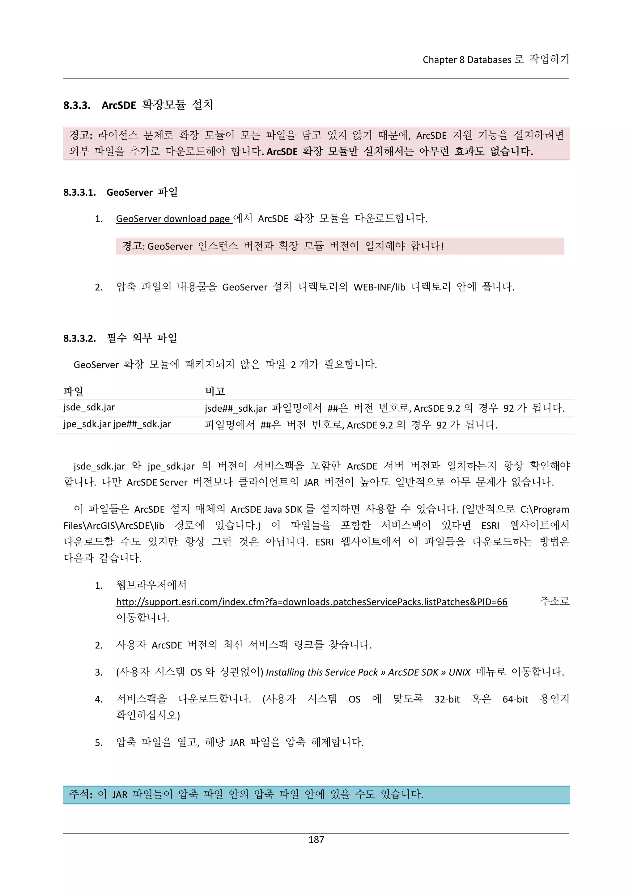 Chapter 8 Databases 로 작업하기

8.3.3. ArcSDE 확장모듈 설치
경고: 라이선스 문제로 확장 모듈이 모든 파일을 담고 있지 않기 때문에, ArcSDE 지원 기능을 설치하려면
외부 파일을 추가로 다운로드해야 합니다. ArcSDE 확장 모듈만 설치해서는 아무런 효과도 없습니다.

8.3.3.1. GeoServer 파일
1.

GeoServer download page 에서 ArcSDE 확장 모듈을 다운로드합니다.
경고: GeoServer 인스턴스 버전과 확장 모듈 버전이 일치해야 합니다!

2.

압축 파일의 내용물을 GeoServer 설치 디렉토리의 WEB-INF/lib 디렉토리 안에 풉니다.

8.3.3.2. 필수 외부 파일
GeoServer 확장 모듈에 패키지되지 않은 파일 2 개가 필요합니다.
파일
jsde_sdk.jar

비고

jpe_sdk.jar jpe##_sdk.jar

파일명에서 ##은 버전 번호로, ArcSDE 9.2 의 경우 92 가 됩니다.

jsde##_sdk.jar 파일명에서 ##은 버전 번호로, ArcSDE 9.2 의 경우 92 가 됩니다.

jsde_sdk.jar 와 jpe_sdk.jar 의 버전이 서비스팩을 포함한 ArcSDE 서버 버전과 일치하는지 항상 확인해야
합니다. 다만 ArcSDE Server 버전보다 클라이언트의 JAR 버전이 높아도 일반적으로 아무 문제가 없습니다.
이 파일들은 ArcSDE 설치 매체의 ArcSDE Java SDK 를 설치하면 사용할 수 있습니다. (일반적으로 C:Program
FilesArcGISArcSDElib 경로에 있습니다.) 이 파일들을 포함한 서비스팩이 있다면 ESRI 웹사이트에서
다운로드할 수도 있지만 항상 그런 것은 아닙니다. ESRI 웹사이트에서 이 파일들을 다운로드하는 방법은
다음과 같습니다.
1.

웹브라우저에서
http://support.esri.com/index.cfm?fa=downloads.patchesServicePacks.listPatches&PID=66

주소로

이동합니다.
2.

사용자 ArcSDE 버전의 최신 서비스팩 링크를 찾습니다.

3.

(사용자 시스템 OS 와 상관없이) Installing this Service Pack » ArcSDE SDK » UNIX 메뉴로 이동합니다.

4.

서비스팩을

다운로드합니다.

(사용자

시스템

OS

에

맞도록

확인하십시오)
5.

압축 파일을 열고, 해당 JAR 파일을 압축 해제합니다.

주석: 이 JAR 파일들이 압축 파일 안의 압축 파일 안에 있을 수도 있습니다.

187

32-bit

혹은

64-bit

용인지

 