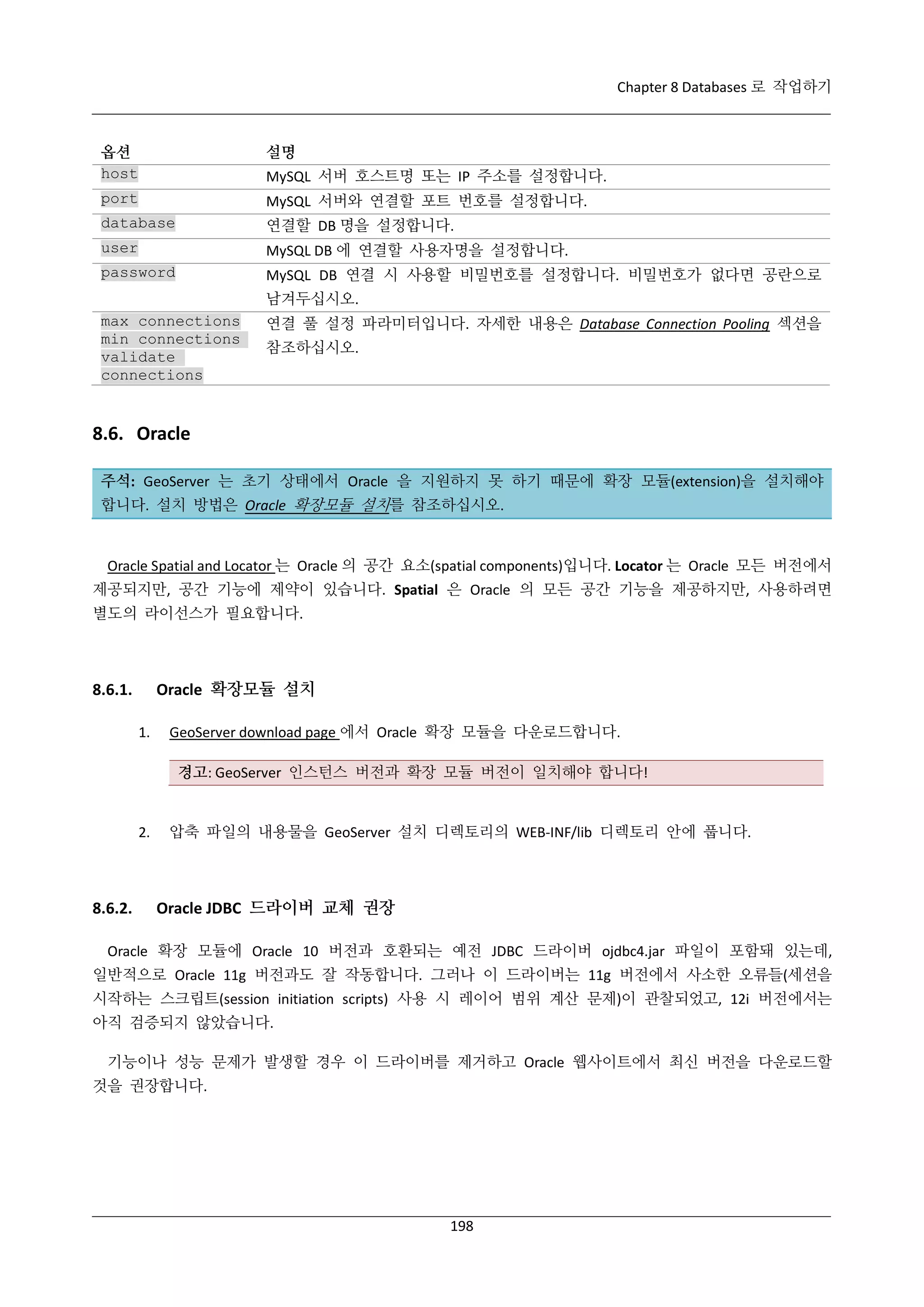 Chapter 8 Databases 로 작업하기

옵션
host

설명

port

MySQL 서버와 연결할 포트 번호를 설정합니다.

database

연결할 DB 명을 설정합니다.

user

MySQL DB 에 연결할 사용자명을 설정합니다.

password

MySQL DB 연결 시 사용할 비밀번호를 설정합니다. 비밀번호가 없다면 공란으로

MySQL 서버 호스트명 또는 IP 주소를 설정합니다.

남겨두십시오.
max connections
min connections
validate
connections

연결 풀 설정 파라미터입니다. 자세한 내용은 Database Connection Pooling 섹션을
참조하십시오.

8.6. Oracle
주석: GeoServer 는 초기 상태에서 Oracle 을 지원하지 못 하기 때문에 확장 모듈(extension)을 설치해야
합니다. 설치 방법은 Oracle 확장모듈 설치를 참조하십시오.

Oracle Spatial and Locator 는 Oracle 의 공간 요소(spatial components)입니다. Locator 는 Oracle 모든 버전에서
제공되지만, 공간 기능에 제약이 있습니다. Spatial 은 Oracle 의 모든 공간 기능을 제공하지만, 사용하려면
별도의 라이선스가 필요합니다.

Oracle 확장모듈 설치

8.6.1.
1.

GeoServer download page 에서 Oracle 확장 모듈을 다운로드합니다.
경고: GeoServer 인스턴스 버전과 확장 모듈 버전이 일치해야 합니다!

2.

8.6.2.

압축 파일의 내용물을 GeoServer 설치 디렉토리의 WEB-INF/lib 디렉토리 안에 풉니다.

Oracle JDBC 드라이버 교체 권장

Oracle 확장 모듈에 Oracle 10 버전과 호환되는 예전 JDBC 드라이버 ojdbc4.jar 파일이 포함돼 있는데,
일반적으로 Oracle 11g 버전과도 잘 작동합니다. 그러나 이 드라이버는 11g 버전에서 사소한 오류들(세션을
시작하는 스크립트(session initiation scripts) 사용 시 레이어 범위 계산 문제)이 관찰되었고, 12i 버전에서는
아직 검증되지 않았습니다.
기능이나 성능 문제가 발생할 경우 이 드라이버를 제거하고 Oracle 웹사이트에서 최신 버전을 다운로드할
것을 권장합니다.

198

 