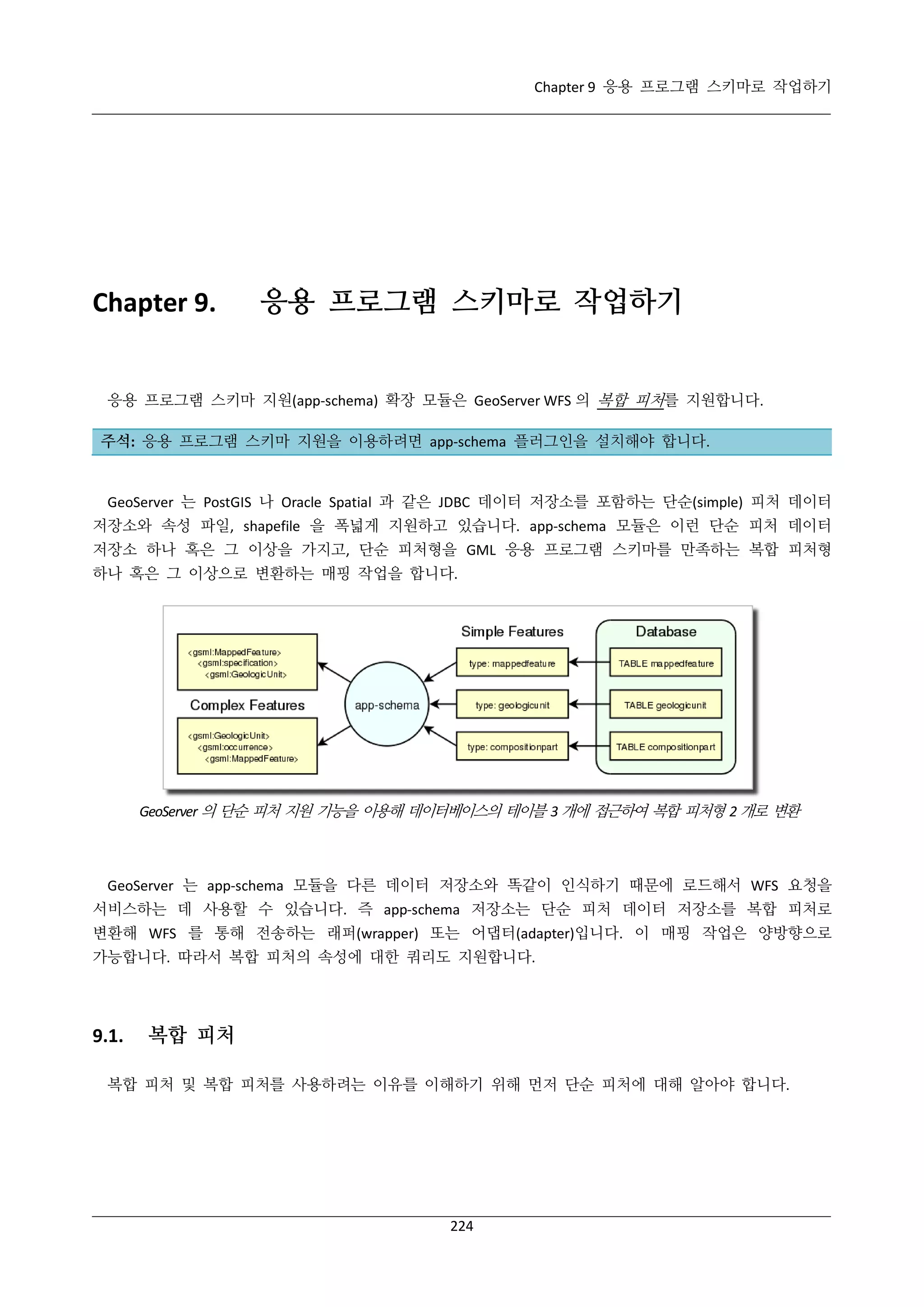 Chapter 9 응용 프로그램 스키마로 작업하기

Chapter 9.

응용 프로그램 스키마로 작업하기

응용 프로그램 스키마 지원(app-schema) 확장 모듈은 GeoServer WFS 의 복합 피처를 지원합니다.
주석: 응용 프로그램 스키마 지원을 이용하려면 app-schema 플러그인을 설치해야 합니다.

GeoServer 는 PostGIS 나 Oracle Spatial 과 같은 JDBC 데이터 저장소를 포함하는 단순(simple) 피처 데이터
저장소와 속성 파일, shapefile 을 폭넓게 지원하고 있습니다. app-schema 모듈은 이런 단순 피처 데이터
저장소 하나 혹은 그 이상을 가지고, 단순 피처형을 GML 응용 프로그램 스키마를 만족하는 복합 피처형
하나 혹은 그 이상으로 변환하는 매핑 작업을 합니다.

GeoServer 의 단순 피처 지원 기능을 이용해 데이터베이스의 테이블 3 개에 접근하여 복합 피처형 2 개로 변환

GeoServer 는 app-schema 모듈을 다른 데이터 저장소와 똑같이 인식하기 때문에 로드해서 WFS 요청을
서비스하는 데 사용할 수 있습니다. 즉 app-schema 저장소는 단순 피처 데이터 저장소를 복합 피처로
변환해 WFS 를 통해 전송하는 래퍼(wrapper) 또는 어댑터(adapter)입니다. 이 매핑 작업은 양방향으로
가능합니다. 따라서 복합 피처의 속성에 대한 쿼리도 지원합니다.

9.1.

복합 피처

복합 피처 및 복합 피처를 사용하려는 이유를 이해하기 위해 먼저 단순 피처에 대해 알아야 합니다.

224

 
