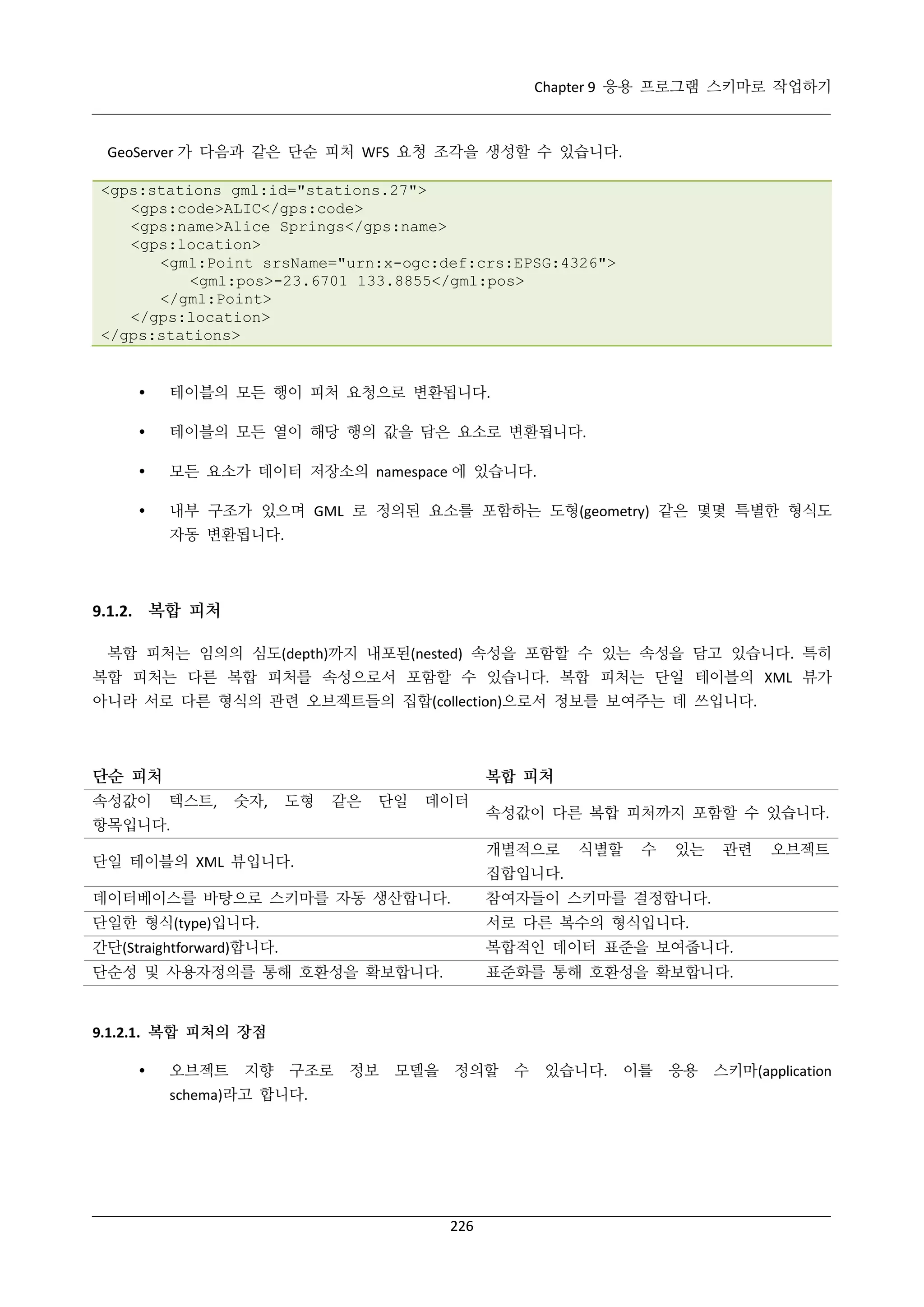 Chapter 9 응용 프로그램 스키마로 작업하기

GeoServer 가 다음과 같은 단순 피처 WFS 요청 조각을 생성할 수 있습니다.
<gps:stations gml:id="stations.27">
<gps:code>ALIC</gps:code>
<gps:name>Alice Springs</gps:name>
<gps:location>
<gml:Point srsName="urn:x-ogc:def:crs:EPSG:4326">
<gml:pos>-23.6701 133.8855</gml:pos>
</gml:Point>
</gps:location>
</gps:stations>



테이블의 모든 행이 피처 요청으로 변환됩니다.



테이블의 모든 열이 해당 행의 값을 담은 요소로 변환됩니다.



모든 요소가 데이터 저장소의 namespace 에 있습니다.



내부 구조가 있으며 GML 로 정의된 요소를 포함하는 도형(geometry) 같은 몇몇 특별한 형식도
자동 변환됩니다.

9.1.2. 복합 피처
복합 피처는 임의의 심도(depth)까지 내포된(nested) 속성을 포함할 수 있는 속성을 담고 있습니다. 특히
복합 피처는 다른 복합 피처를 속성으로서 포함할 수 있습니다. 복합 피처는 단일 테이블의 XML 뷰가
아니라 서로 다른 형식의 관련 오브젝트들의 집합(collection)으로서 정보를 보여주는 데 쓰입니다.

단순 피처
속성값이

복합 피처
텍스트,

숫자,

도형

같은

단일

데이터

항목입니다.

속성값이 다른 복합 피처까지 포함할 수 있습니다.
개별적으로

단일 테이블의 XML 뷰입니다.

식별할

수

있는

관련

오브젝트

집합입니다.

데이터베이스를 바탕으로 스키마를 자동 생산합니다.

참여자들이 스키마를 결정합니다.

단일한 형식(type)입니다.

서로 다른 복수의 형식입니다.

간단(Straightforward)합니다.

복합적인 데이터 표준을 보여줍니다.

단순성 및 사용자정의를 통해 호환성을 확보합니다.

표준화를 통해 호환성을 확보합니다.

9.1.2.1. 복합 피처의 장점


오브젝트

지향

구조로

정보

모델을 정의할

schema)라고 합니다.

226

수

있습니다.

이를

응용

스키마(application

 