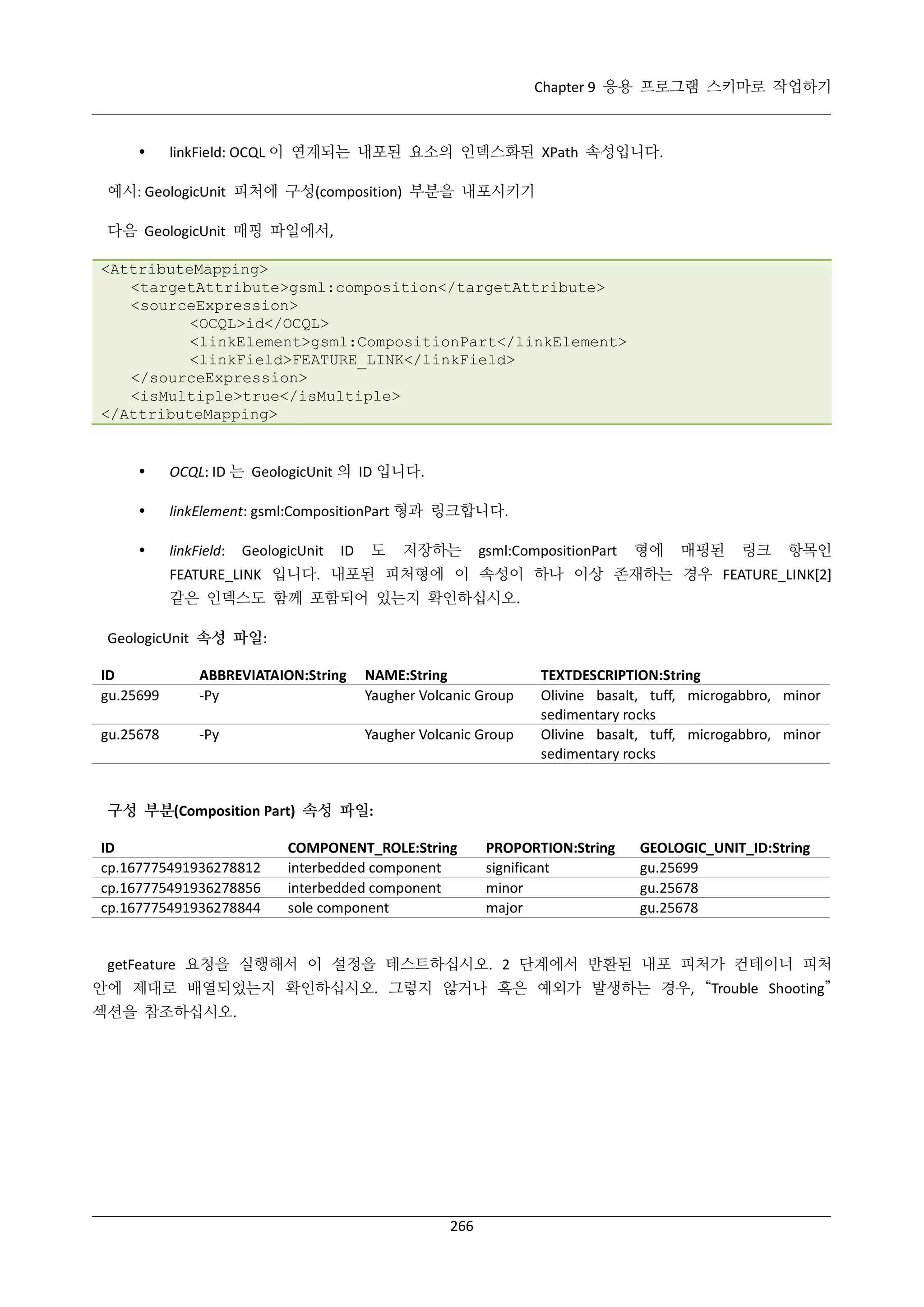 Chapter 9 응용 프로그램 스키마로 작업하기



linkField: OCQL 이 연계되는 내포된 요소의 인덱스화된 XPath 속성입니다.

예시: GeologicUnit 피처에 구성(composition) 부분을 내포시키기
다음 GeologicUnit 매핑 파일에서,
<AttributeMapping>
<targetAttribute>gsml:composition</targetAttribute>
<sourceExpression>
<OCQL>id</OCQL>
<linkElement>gsml:CompositionPart</linkElement>
<linkField>FEATURE_LINK</linkField>
</sourceExpression>
<isMultiple>true</isMultiple>
</AttributeMapping>



OCQL: ID 는 GeologicUnit 의 ID 입니다.



linkElement: gsml:CompositionPart 형과 링크합니다.



linkField:

GeologicUnit

ID

도

저장하는

gsml:CompositionPart

형에

매핑된

링크

항목인

FEATURE_LINK 입니다. 내포된 피처형에 이 속성이 하나 이상 존재하는 경우 FEATURE_LINK[2]
같은 인덱스도 함께 포함되어 있는지 확인하십시오.
GeologicUnit 속성 파일:
ID
gu.25699

ABBREVIATAION:String
-Py

NAME:String
Yaugher Volcanic Group

gu.25678

-Py

Yaugher Volcanic Group

TEXTDESCRIPTION:String
Olivine basalt, tuff, microgabbro, minor
sedimentary rocks
Olivine basalt, tuff, microgabbro, minor
sedimentary rocks

구성 부분(Composition Part) 속성 파일:
ID
cp.167775491936278812
cp.167775491936278856
cp.167775491936278844

COMPONENT_ROLE:String
interbedded component
interbedded component
sole component

PROPORTION:String
significant
minor
major

GEOLOGIC_UNIT_ID:String
gu.25699
gu.25678
gu.25678

getFeature 요청을 실행해서 이 설정을 테스트하십시오. 2 단계에서 반환된 내포 피처가 컨테이너 피처
안에 제대로 배열되었는지 확인하십시오. 그렇지 않거나 혹은 예외가 발생하는 경우, “Trouble Shooting”
섹션을 참조하십시오.

266

 