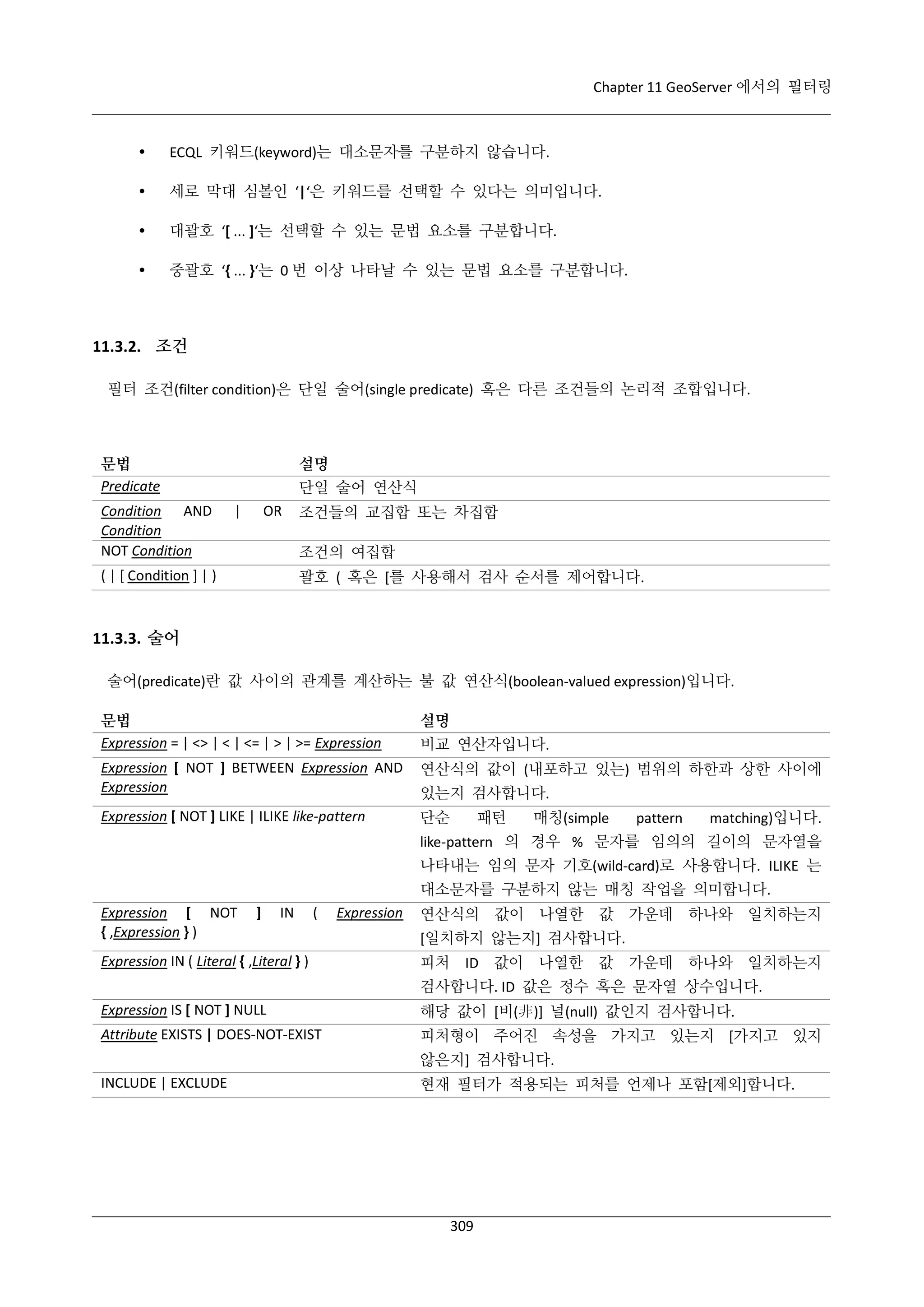 Chapter 11 GeoServer 에서의 필터링



ECQL 키워드(keyword)는 대소문자를 구분하지 않습니다.



세로 막대 심볼인 ‘|‘은 키워드를 선택할 수 있다는 의미입니다.



대괄호 ‘[ ... ]‘는 선택할 수 있는 문법 요소를 구분합니다.



중괄호 ‘{ ... }‘는 0 번 이상 나타날 수 있는 문법 요소를 구분합니다.

11.3.2. 조건
필터 조건(filter condition)은 단일 술어(single predicate) 혹은 다른 조건들의 논리적 조합입니다.

문법
Predicate
Condition AND
Condition
NOT Condition

설명
단일 술어 연산식
|

OR

조건들의 교집합 또는 차집합
조건의 여집합
괄호 ( 혹은 [를 사용해서 검사 순서를 제어합니다.

( | [ Condition ] | )

11.3.3. 술어
술어(predicate)란 값 사이의 관계를 계산하는 불 값 연산식(boolean-valued expression)입니다.
문법
Expression = | <> | < | <= | > | >= Expression

설명

Expression [ NOT ] BETWEEN Expression AND
Expression

연산식의 값이 (내포하고 있는) 범위의 하한과 상한 사이에

Expression [ NOT ] LIKE | ILIKE like-pattern

단순

비교 연산자입니다.
있는지 검사합니다.
패턴

매칭(simple

pattern

matching)입니다.

like-pattern 의 경우 % 문자를 임의의 길이의 문자열을
나타내는 임의 문자 기호(wild-card)로 사용합니다. ILIKE 는
대소문자를 구분하지 않는 매칭 작업을 의미합니다.
Expression [ NOT
{ ,Expression } )

]

IN

(

Expression IN ( Literal { ,Literal } )

Expression

연산식의 값이 나열한 값 가운데 하나와 일치하는지
[일치하지 않는지] 검사합니다.
피처 ID 값이 나열한 값 가운데 하나와 일치하는지
검사합니다. ID 값은 정수 혹은 문자열 상수입니다.

Expression IS [ NOT ] NULL

해당 값이 [비(非)] 널(null) 값인지 검사합니다.

Attribute EXISTS | DOES-NOT-EXIST

피처형이 주어진 속성을 가지고 있는지 [가지고 있지
않은지] 검사합니다.

INCLUDE | EXCLUDE

현재 필터가 적용되는 피처를 언제나 포함[제외]합니다.

309

 