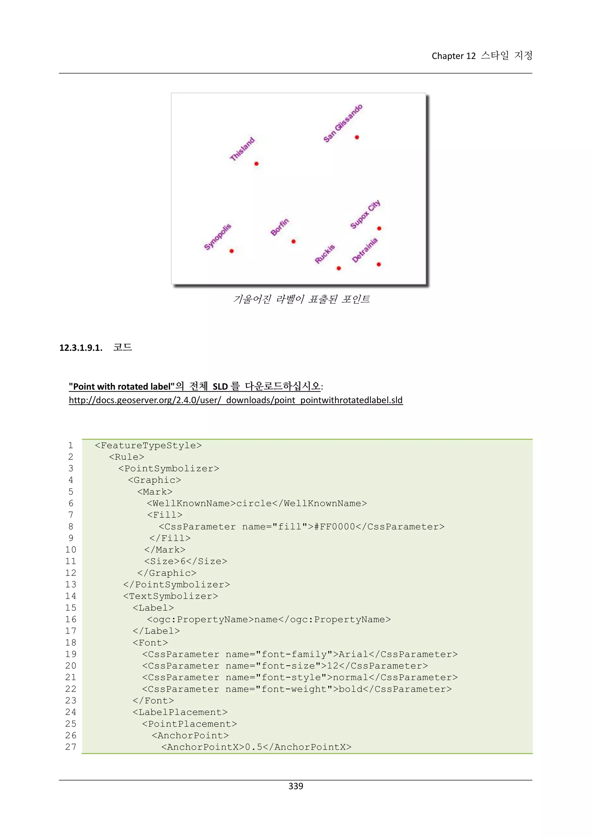 Chapter 12 스타일 지정

기울어진 라벨이 표출된 포인트

12.3.1.9.1.

코드

"Point with rotated label"의 전체 SLD 를 다운로드하십시오:
http://docs.geoserver.org/2.4.0/user/_downloads/point_pointwithrotatedlabel.sld

1
2
3
4
5
6
7
8
9
10
11
12
13
14
15
16
17
18
19
20
21
22
23
24
25
26
27

<FeatureTypeStyle>
<Rule>
<PointSymbolizer>
<Graphic>
<Mark>
<WellKnownName>circle</WellKnownName>
<Fill>
<CssParameter name="fill">#FF0000</CssParameter>
</Fill>
</Mark>
<Size>6</Size>
</Graphic>
</PointSymbolizer>
<TextSymbolizer>
<Label>
<ogc:PropertyName>name</ogc:PropertyName>
</Label>
<Font>
<CssParameter name="font-family">Arial</CssParameter>
<CssParameter name="font-size">12</CssParameter>
<CssParameter name="font-style">normal</CssParameter>
<CssParameter name="font-weight">bold</CssParameter>
</Font>
<LabelPlacement>
<PointPlacement>
<AnchorPoint>
<AnchorPointX>0.5</AnchorPointX>

339

 