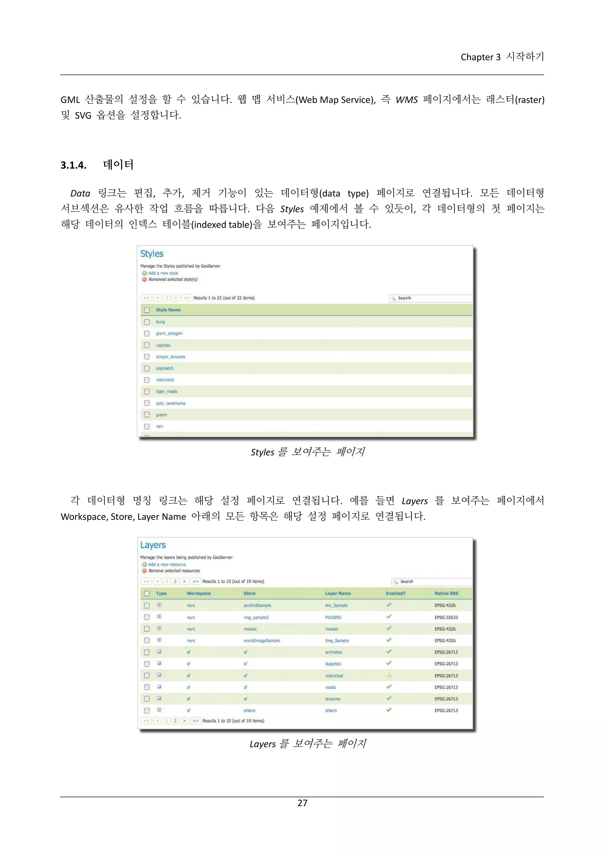 Chapter 3 시작하기

GML 산출물의 설정을 할 수 있습니다. 웹 맵 서비스(Web Map Service), 즉 WMS 페이지에서는 래스터(raster)
및 SVG 옵션을 설정합니다.

3.1.4.

데이터

Data 링크는 편집, 추가, 제거 기능이 있는 데이터형(data type) 페이지로 연결됩니다. 모든 데이터형
서브섹션은 유사한 작업 흐름을 따릅니다. 다음 Styles 예제에서 볼 수 있듯이, 각 데이터형의 첫 페이지는
해당 데이터의 인덱스 테이블(indexed table)을 보여주는 페이지입니다.

Styles 를 보여주는 페이지

각 데이터형 명칭 링크는 해당 설정 페이지로 연결됩니다. 예를 들면 Layers 를 보여주는 페이지에서
Workspace, Store, Layer Name 아래의 모든 항목은 해당 설정 페이지로 연결됩니다.

Layers 를 보여주는 페이지

27

 