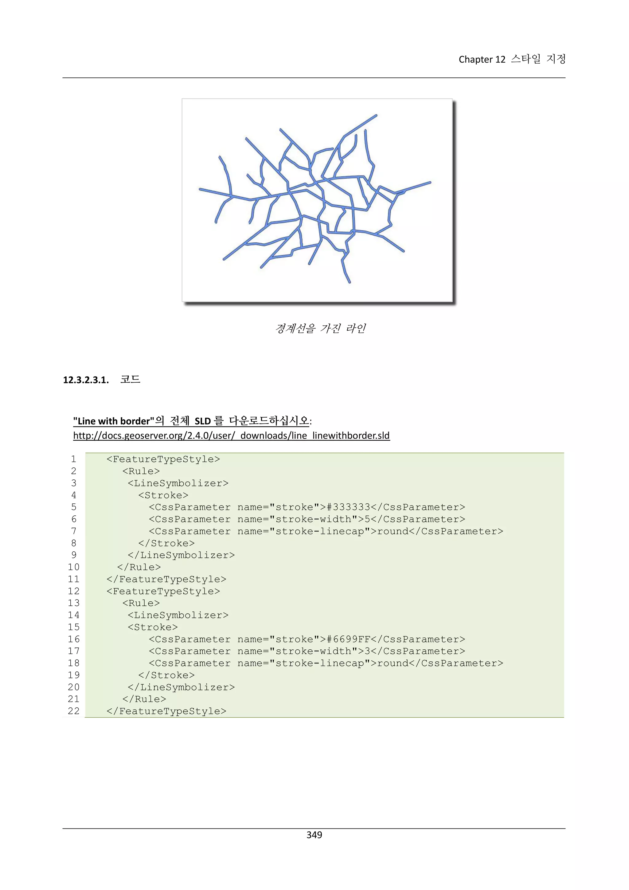 Chapter 12 스타일 지정

경계선을 가진 라인

12.3.2.3.1.

코드

"Line with border"의 전체 SLD 를 다운로드하십시오:
http://docs.geoserver.org/2.4.0/user/_downloads/line_linewithborder.sld
1
2
3
4
5
6
7
8
9
10
11
12
13
14
15
16
17
18
19
20
21
22

<FeatureTypeStyle>
<Rule>
<LineSymbolizer>
<Stroke>
<CssParameter name="stroke">#333333</CssParameter>
<CssParameter name="stroke-width">5</CssParameter>
<CssParameter name="stroke-linecap">round</CssParameter>
</Stroke>
</LineSymbolizer>
</Rule>
</FeatureTypeStyle>
<FeatureTypeStyle>
<Rule>
<LineSymbolizer>
<Stroke>
<CssParameter name="stroke">#6699FF</CssParameter>
<CssParameter name="stroke-width">3</CssParameter>
<CssParameter name="stroke-linecap">round</CssParameter>
</Stroke>
</LineSymbolizer>
</Rule>
</FeatureTypeStyle>

349

 