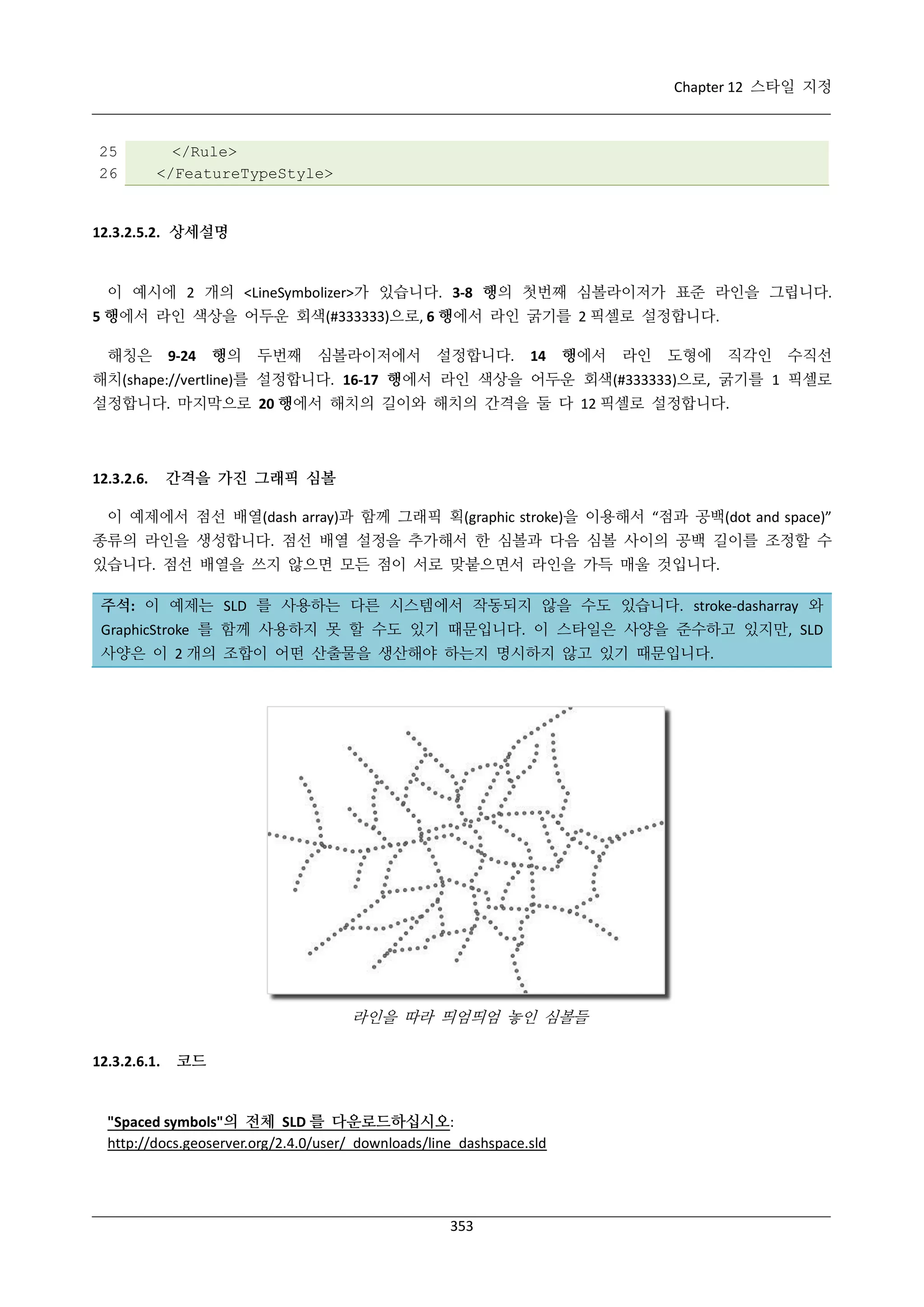 Chapter 12 스타일 지정

25
26

</Rule>
</FeatureTypeStyle>

12.3.2.5.2. 상세설명

이 예시에 2 개의 <LineSymbolizer>가 있습니다. 3-8 행의 첫번째 심볼라이저가 표준 라인을 그립니다.
5 행에서 라인 색상을 어두운 회색(#333333)으로, 6 행에서 라인 굵기를 2 픽셀로 설정합니다.
해칭은

9-24

행의

두번째

심볼라이저에서

설정합니다.

14

행에서

라인

도형에

직각인

수직선

해치(shape://vertline)를 설정합니다. 16-17 행에서 라인 색상을 어두운 회색(#333333)으로, 굵기를 1 픽셀로
설정합니다. 마지막으로 20 행에서 해치의 길이와 해치의 간격을 둘 다 12 픽셀로 설정합니다.

12.3.2.6.

간격을 가진 그래픽 심볼

이 예제에서 점선 배열(dash array)과 함께 그래픽 획(graphic stroke)을 이용해서 “점과 공백(dot and space)”
종류의 라인을 생성합니다. 점선 배열 설정을 추가해서 한 심볼과 다음 심볼 사이의 공백 길이를 조정할 수
있습니다. 점선 배열을 쓰지 않으면 모든 점이 서로 맞붙으면서 라인을 가득 매울 것입니다.
주석: 이 예제는 SLD 를 사용하는 다른 시스템에서 작동되지 않을 수도 있습니다. stroke-dasharray 와
GraphicStroke 를 함께 사용하지 못 할 수도 있기 때문입니다. 이 스타일은 사양을 준수하고 있지만, SLD
사양은 이 2 개의 조합이 어떤 산출물을 생산해야 하는지 명시하지 않고 있기 때문입니다.

라인을 따라 띄엄띄엄 놓인 심볼들
12.3.2.6.1.

코드

"Spaced symbols"의 전체 SLD 를 다운로드하십시오:
http://docs.geoserver.org/2.4.0/user/_downloads/line_dashspace.sld

353

 