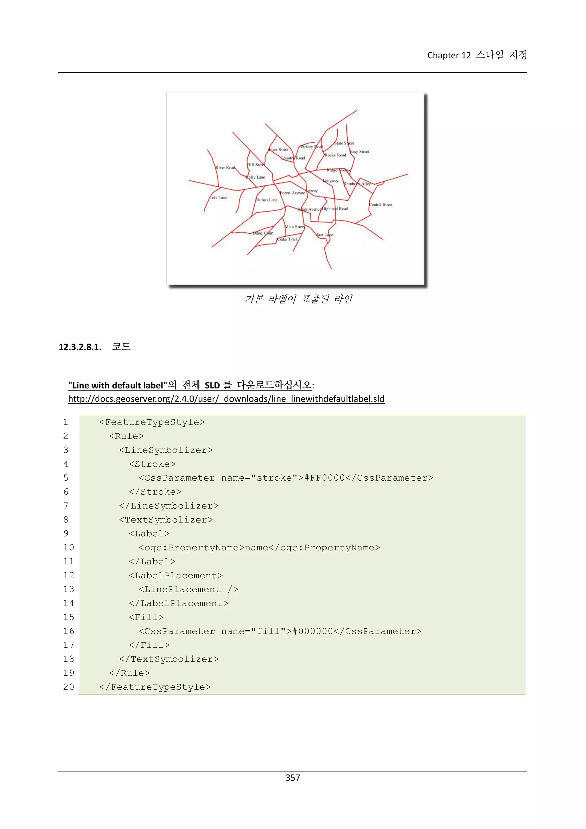 Chapter 12 스타일 지정

기본 라벨이 표출된 라인

12.3.2.8.1.

코드

"Line with default label"의 전체 SLD 를 다운로드하십시오:
http://docs.geoserver.org/2.4.0/user/_downloads/line_linewithdefaultlabel.sld
1
2
3
4
5
6
7
8
9
10
11
12
13
14
15
16
17
18
19
20

<FeatureTypeStyle>
<Rule>
<LineSymbolizer>
<Stroke>
<CssParameter name="stroke">#FF0000</CssParameter>
</Stroke>
</LineSymbolizer>
<TextSymbolizer>
<Label>
<ogc:PropertyName>name</ogc:PropertyName>
</Label>
<LabelPlacement>
<LinePlacement />
</LabelPlacement>
<Fill>
<CssParameter name="fill">#000000</CssParameter>
</Fill>
</TextSymbolizer>
</Rule>
</FeatureTypeStyle>

357

 