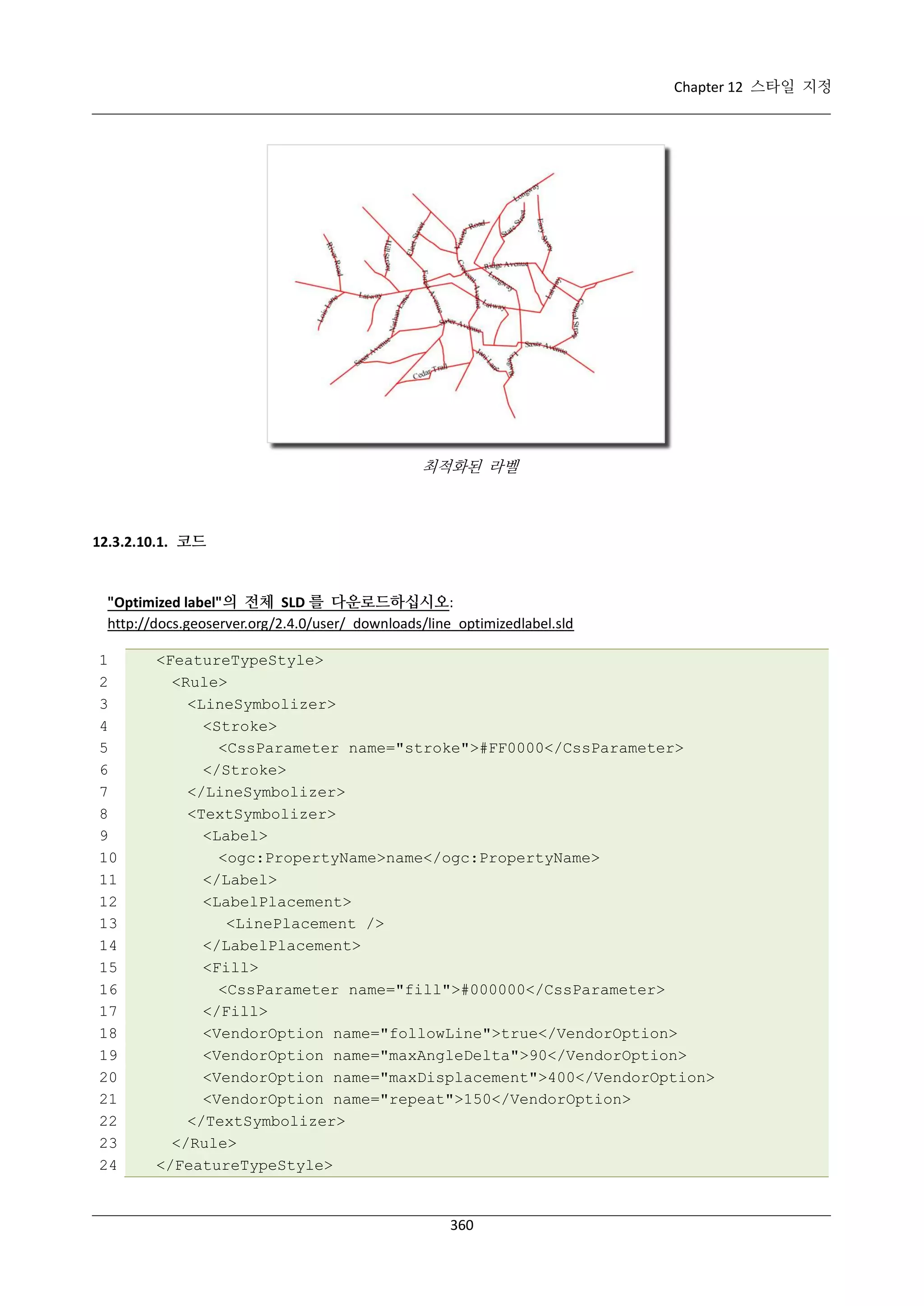 Chapter 12 스타일 지정

최적화된 라벨

12.3.2.10.1. 코드

"Optimized label"의 전체 SLD 를 다운로드하십시오:
http://docs.geoserver.org/2.4.0/user/_downloads/line_optimizedlabel.sld
1
2
3
4
5
6
7
8
9
10
11
12
13
14
15
16
17
18
19
20
21
22
23
24

<FeatureTypeStyle>
<Rule>
<LineSymbolizer>
<Stroke>
<CssParameter name="stroke">#FF0000</CssParameter>
</Stroke>
</LineSymbolizer>
<TextSymbolizer>
<Label>
<ogc:PropertyName>name</ogc:PropertyName>
</Label>
<LabelPlacement>
<LinePlacement />
</LabelPlacement>
<Fill>
<CssParameter name="fill">#000000</CssParameter>
</Fill>
<VendorOption name="followLine">true</VendorOption>
<VendorOption name="maxAngleDelta">90</VendorOption>
<VendorOption name="maxDisplacement">400</VendorOption>
<VendorOption name="repeat">150</VendorOption>
</TextSymbolizer>
</Rule>
</FeatureTypeStyle>

360

 
