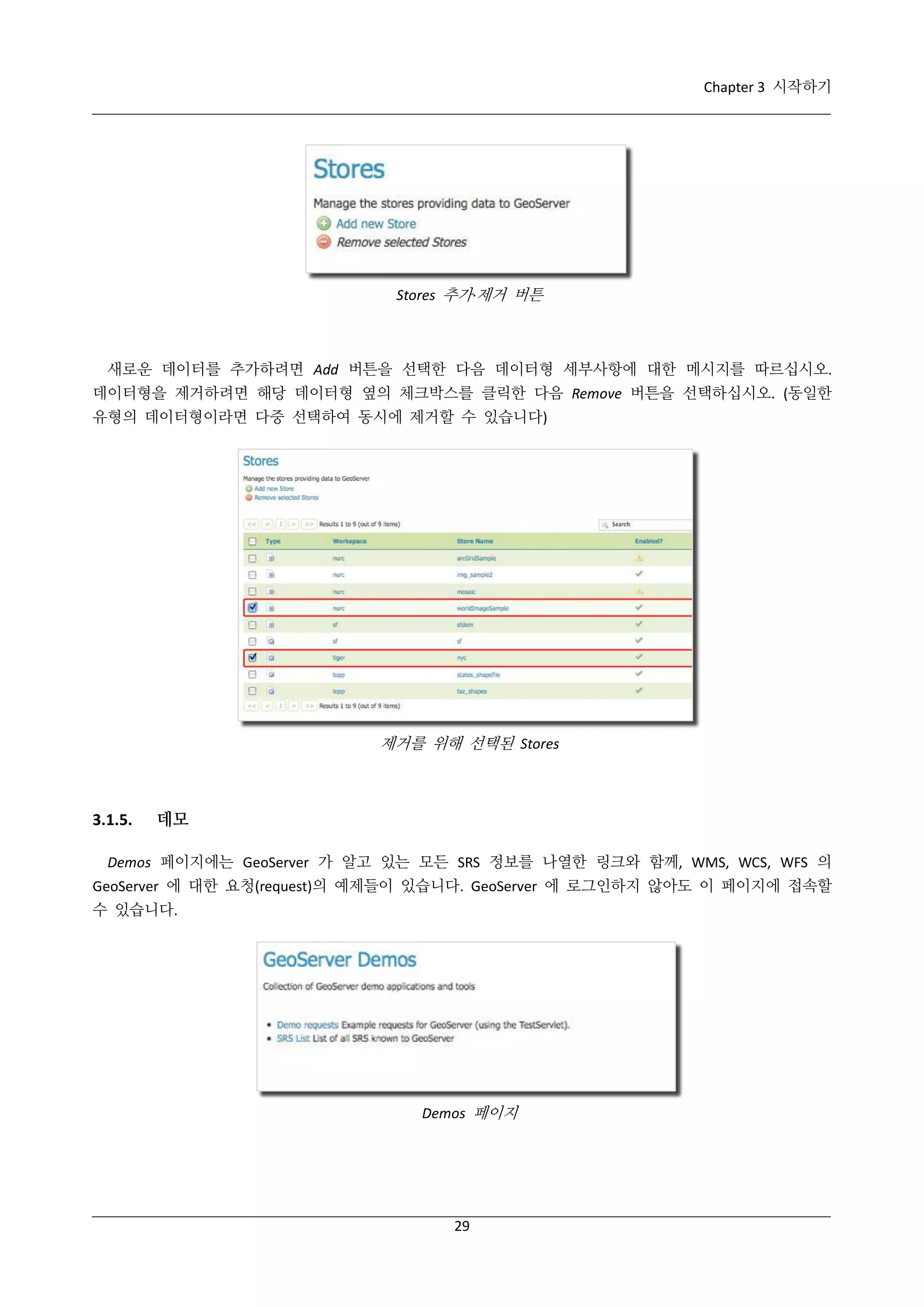Chapter 3 시작하기

Stores 추가·
제거 버튼

새로운 데이터를 추가하려면 Add 버튼을 선택한 다음 데이터형 세부사항에 대한 메시지를 따르십시오.
데이터형을 제거하려면 해당 데이터형 옆의 체크박스를 클릭한 다음 Remove 버튼을 선택하십시오. (동일한
유형의 데이터형이라면 다중 선택하여 동시에 제거할 수 있습니다)

제거를 위해 선택된 Stores

3.1.5.

데모

Demos 페이지에는 GeoServer 가 알고 있는 모든 SRS 정보를 나열한 링크와 함께, WMS, WCS, WFS 의
GeoServer 에 대한 요청(request)의 예제들이 있습니다. GeoServer 에 로그인하지 않아도 이 페이지에 접속할
수 있습니다.

Demos 페이지

29

 
