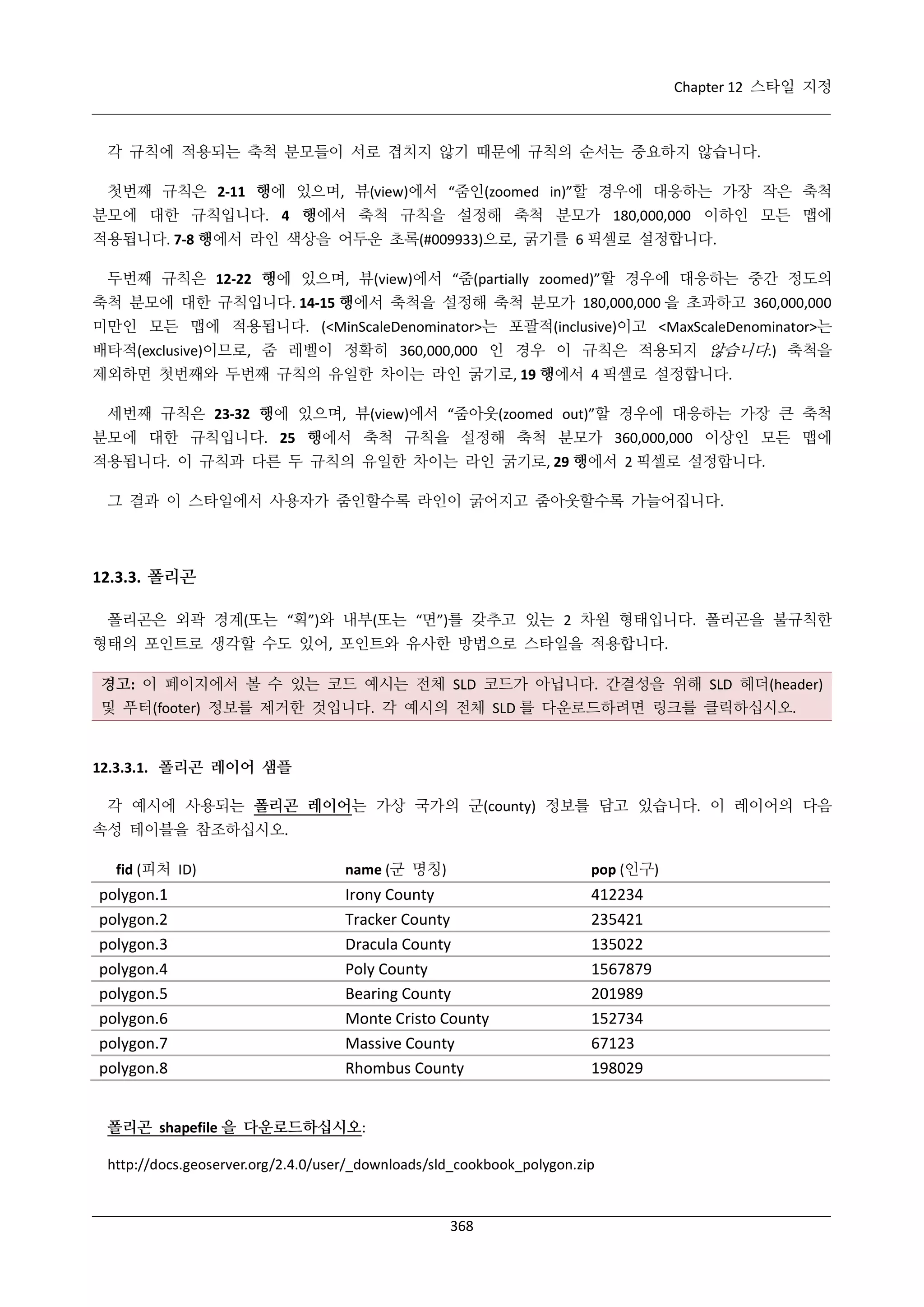 Chapter 12 스타일 지정

각 규칙에 적용되는 축척 분모들이 서로 겹치지 않기 때문에 규칙의 순서는 중요하지 않습니다.
첫번째 규칙은 2-11 행에 있으며, 뷰(view)에서 “줌인(zoomed in)”할 경우에 대응하는 가장 작은 축척
분모에 대한 규칙입니다. 4 행에서 축척 규칙을 설정해 축척 분모가 180,000,000 이하인 모든 맵에
적용됩니다. 7-8 행에서 라인 색상을 어두운 초록(#009933)으로, 굵기를 6 픽셀로 설정합니다.
두번째 규칙은 12-22 행에 있으며, 뷰(view)에서 “줌(partially zoomed)”할 경우에 대응하는 중간 정도의
축척 분모에 대한 규칙입니다. 14-15 행에서 축척을 설정해 축척 분모가 180,000,000 을 초과하고 360,000,000
미만인 모든 맵에 적용됩니다. (<MinScaleDenominator>는 포괄적(inclusive)이고 <MaxScaleDenominator>는
배타적(exclusive)이므로, 줌 레벨이 정확히 360,000,000 인 경우 이 규칙은 적용되지 않습니다.) 축척을
제외하면 첫번째와 두번째 규칙의 유일한 차이는 라인 굵기로, 19 행에서 4 픽셀로 설정합니다.
세번째 규칙은 23-32 행에 있으며, 뷰(view)에서 “줌아웃(zoomed out)”할 경우에 대응하는 가장 큰 축척
분모에 대한 규칙입니다. 25 행에서 축척 규칙을 설정해 축척 분모가 360,000,000 이상인 모든 맵에
적용됩니다. 이 규칙과 다른 두 규칙의 유일한 차이는 라인 굵기로, 29 행에서 2 픽셀로 설정합니다.
그 결과 이 스타일에서 사용자가 줌인할수록 라인이 굵어지고 줌아웃할수록 가늘어집니다.

12.3.3. 폴리곤
폴리곤은 외곽 경계(또는 “획”)와 내부(또는 “면”)를 갖추고 있는 2 차원 형태입니다. 폴리곤을 불규칙한
형태의 포인트로 생각할 수도 있어, 포인트와 유사한 방법으로 스타일을 적용합니다.
경고: 이 페이지에서 볼 수 있는 코드 예시는 전체 SLD 코드가 아닙니다. 간결성을 위해 SLD 헤더(header)
및 푸터(footer) 정보를 제거한 것입니다. 각 예시의 전체 SLD 를 다운로드하려면 링크를 클릭하십시오.

12.3.3.1. 폴리곤 레이어 샘플
각 예시에 사용되는 폴리곤 레이어는 가상 국가의 군(county) 정보를 담고 있습니다. 이 레이어의 다음
속성 테이블을 참조하십시오.
fid (피처 ID)

polygon.1
polygon.2
polygon.3
polygon.4
polygon.5
polygon.6
polygon.7
polygon.8

name (군 명칭)

pop (인구)

Irony County
Tracker County
Dracula County
Poly County
Bearing County
Monte Cristo County
Massive County
Rhombus County

412234
235421
135022
1567879
201989
152734
67123
198029

폴리곤 shapefile 을 다운로드하십시오:
http://docs.geoserver.org/2.4.0/user/_downloads/sld_cookbook_polygon.zip

368

 