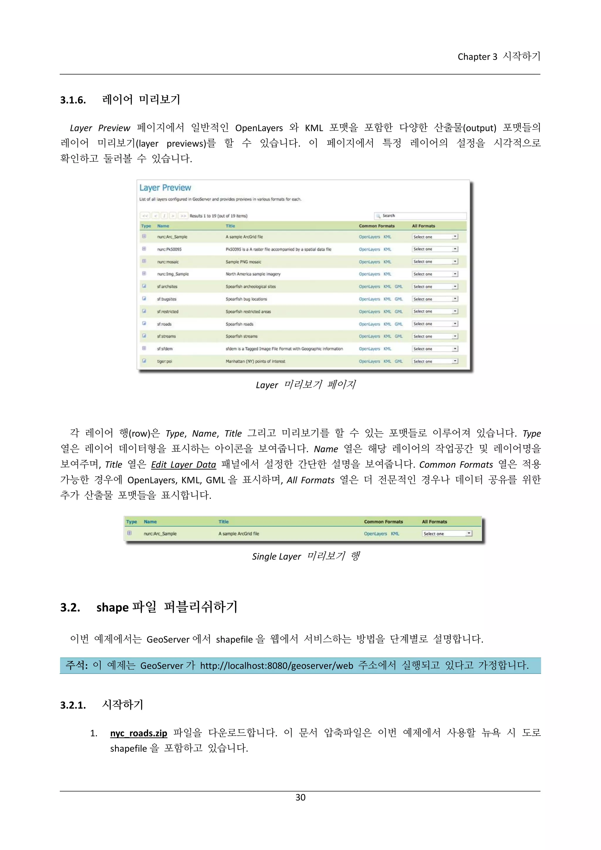 Chapter 3 시작하기

레이어 미리보기

3.1.6.

Layer Preview 페이지에서 일반적인 OpenLayers 와 KML 포맷을 포함한 다양한 산출물(output) 포맷들의
레이어 미리보기(layer previews)를 할 수 있습니다. 이 페이지에서 특정 레이어의 설정을 시각적으로
확인하고 둘러볼 수 있습니다.

Layer 미리보기 페이지

각 레이어 행(row)은 Type, Name, Title 그리고 미리보기를 할 수 있는 포맷들로 이루어져 있습니다. Type
열은 레이어 데이터형을 표시하는 아이콘을 보여줍니다. Name 열은 해당 레이어의 작업공간 및 레이어명을
보여주며, Title 열은 Edit Layer Data 패널에서 설정한 간단한 설명을 보여줍니다. Common Formats 열은 적용
가능한 경우에 OpenLayers, KML, GML 을 표시하며, All Formats 열은 더 전문적인 경우나 데이터 공유를 위한
추가 산출물 포맷들을 표시합니다.

Single Layer 미리보기 행

3.2.

shape 파일 퍼블리쉬하기

이번 예제에서는 GeoServer 에서 shapefile 을 웹에서 서비스하는 방법을 단계별로 설명합니다.
주석: 이 예제는 GeoServer 가 http://localhost:8080/geoserver/web 주소에서 실행되고 있다고 가정합니다.

시작하기

3.2.1.
1.

nyc_roads.zip 파일을 다운로드합니다. 이 문서 압축파일은 이번 예제에서 사용할 뉴욕 시 도로
shapefile 을 포함하고 있습니다.

30

 