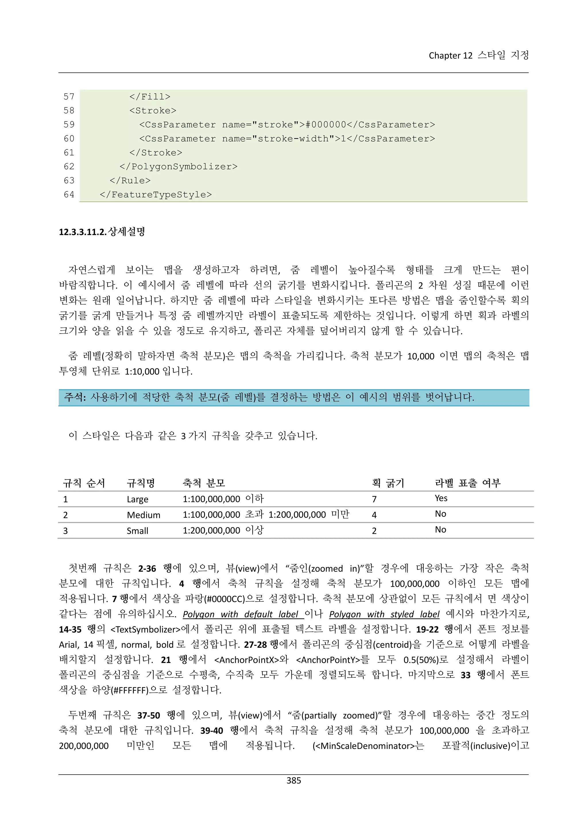 Chapter 12 스타일 지정

57
58
59
60
61
62
63
64

</Fill>
<Stroke>
<CssParameter name="stroke">#000000</CssParameter>
<CssParameter name="stroke-width">1</CssParameter>
</Stroke>
</PolygonSymbolizer>
</Rule>
</FeatureTypeStyle>

12.3.3.11.2. 상세설명

자연스럽게

보이는

맵을

생성하고자

하려면,

줌

레벨이

높아질수록

형태를

크게

만드는

편이

바람직합니다. 이 예시에서 줌 레벨에 따라 선의 굵기를 변화시킵니다. 폴리곤의 2 차원 성질 때문에 이런
변화는 원래 일어납니다. 하지만 줌 레벨에 따라 스타일을 변화시키는 또다른 방법은 맵을 줌인할수록 획의
굵기를 굵게 만들거나 특정 줌 레벨까지만 라벨이 표출되도록 제한하는 것입니다. 이렇게 하면 획과 라벨의
크기와 양을 읽을 수 있을 정도로 유지하고, 폴리곤 자체를 덮어버리지 않게 할 수 있습니다.
줌 레벨(정확히 말하자면 축척 분모)은 맵의 축척을 가리킵니다. 축척 분모가 10,000 이면 맵의 축척은 맵
투영체 단위로 1:10,000 입니다.
주석: 사용하기에 적당한 축척 분모(줌 레벨)를 결정하는 방법은 이 예시의 범위를 벗어납니다.

이 스타일은 다음과 같은 3 가지 규칙을 갖추고 있습니다.

규칙 순서

규칙명

축척 분모

획 굵기

1

Large

1:100,000,000 이하

7

라벨 표출 여부
Yes

2

Medium

1:100,000,000 초과 1:200,000,000 미만

4

No

3

Small

1:200,000,000 이상

2

No

첫번째 규칙은 2-36 행에 있으며, 뷰(view)에서 “줌인(zoomed in)”할 경우에 대응하는 가장 작은 축척
분모에 대한 규칙입니다. 4 행에서 축척 규칙을 설정해 축척 분모가 100,000,000 이하인 모든 맵에
적용됩니다. 7 행에서 색상을 파랑(#0000CC)으로 설정합니다. 축척 분모에 상관없이 모든 규칙에서 면 색상이
같다는 점에 유의하십시오. Polygon with default label 이나 Polygon with styled label 예시와 마찬가지로,
14-35 행의 <TextSymbolizer>에서 폴리곤 위에 표출될 텍스트 라벨을 설정합니다. 19-22 행에서 폰트 정보를
Arial, 14 픽셀, normal, bold 로 설정합니다. 27-28 행에서 폴리곤의 중심점(centroid)을 기준으로 어떻게 라벨을
배치할지 설정합니다. 21 행에서 <AnchorPointX>와 <AnchorPointY>를 모두 0.5(50%)로 설정해서 라벨이
폴리곤의 중심점을 기준으로 수평축, 수직축 모두 가운데 정렬되도록 합니다. 마지막으로 33 행에서 폰트
색상을 하양(#FFFFFF)으로 설정합니다.
두번째 규칙은 37-50 행에 있으며, 뷰(view)에서 “줌(partially zoomed)”할 경우에 대응하는 중간 정도의
축척 분모에 대한 규칙입니다. 39-40 행에서 축척 규칙을 설정해 축척 분모가 100,000,000 을 초과하고
200,000,000

미만인

모든

맵에

적용됩니다.

385

(<MinScaleDenominator>는

포괄적(inclusive)이고

 