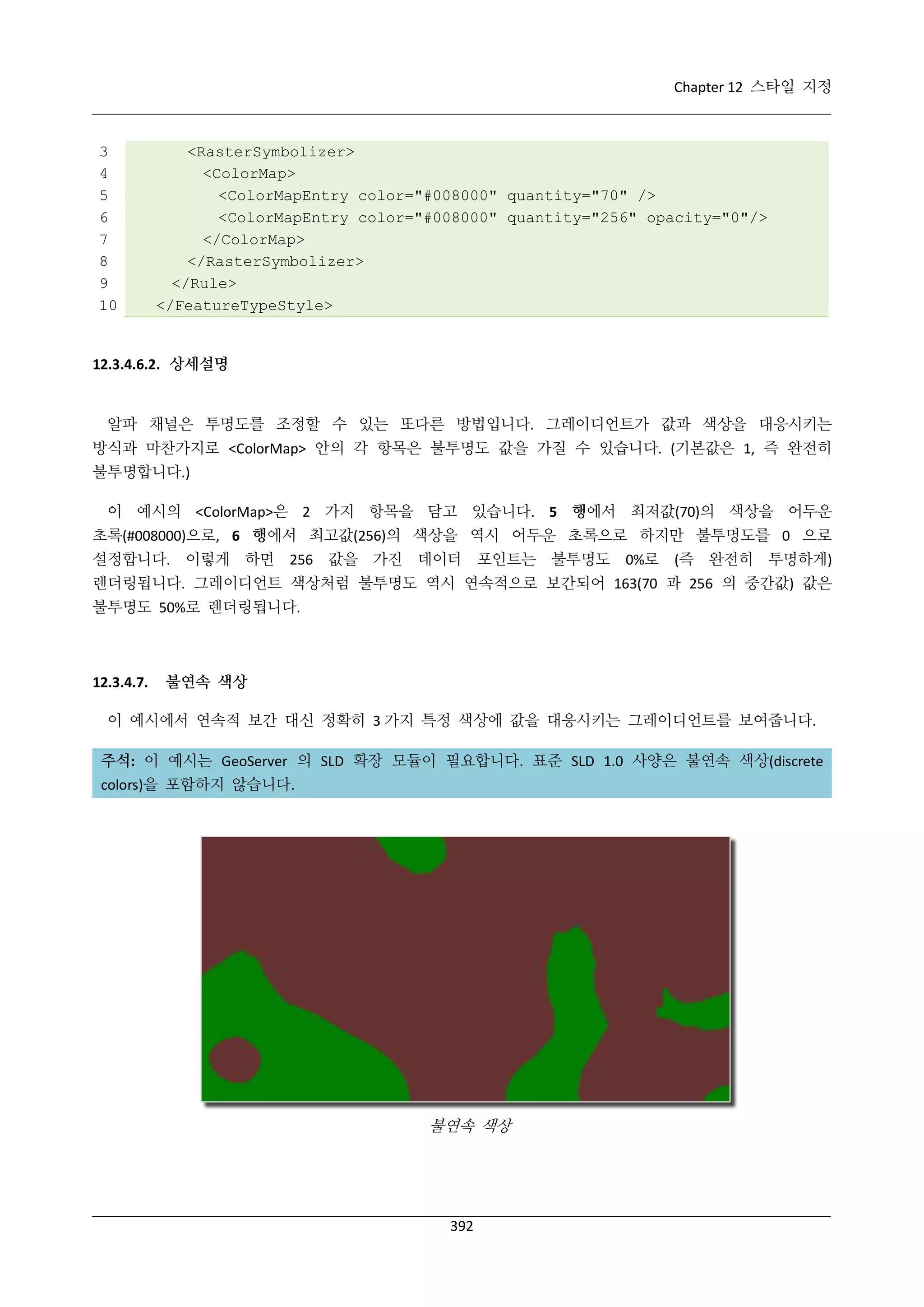 Chapter 12 스타일 지정

3
4
5
6
7
8
9
10

<RasterSymbolizer>
<ColorMap>
<ColorMapEntry color="#008000" quantity="70" />
<ColorMapEntry color="#008000" quantity="256" opacity="0"/>
</ColorMap>
</RasterSymbolizer>
</Rule>
</FeatureTypeStyle>

12.3.4.6.2. 상세설명

알파 채널은 투명도를 조정할 수 있는 또다른 방법입니다. 그레이디언트가 값과 색상을 대응시키는
방식과 마찬가지로 <ColorMap> 안의 각 항목은 불투명도 값을 가질 수 있습니다. (기본값은 1, 즉 완전히
불투명합니다.)
이 예시의 <ColorMap>은 2 가지 항목을 담고 있습니다. 5 행에서 최저값(70)의 색상을 어두운
초록(#008000)으로, 6 행에서 최고값(256)의 색상을 역시 어두운 초록으로 하지만 불투명도를 0 으로
설정합니다. 이렇게 하면 256 값을 가진 데이터 포인트는 불투명도 0%로 (즉 완전히 투명하게)
렌더링됩니다. 그레이디언트 색상처럼 불투명도 역시 연속적으로 보간되어 163(70 과 256 의 중간값) 값은
불투명도 50%로 렌더링됩니다.

12.3.4.7.

불연속 색상

이 예시에서 연속적 보간 대신 정확히 3 가지 특정 색상에 값을 대응시키는 그레이디언트를 보여줍니다.
주석: 이 예시는 GeoServer 의 SLD 확장 모듈이 필요합니다. 표준 SLD 1.0 사양은 불연속 색상(discrete
colors)을 포함하지 않습니다.

불연속 색상

392

 