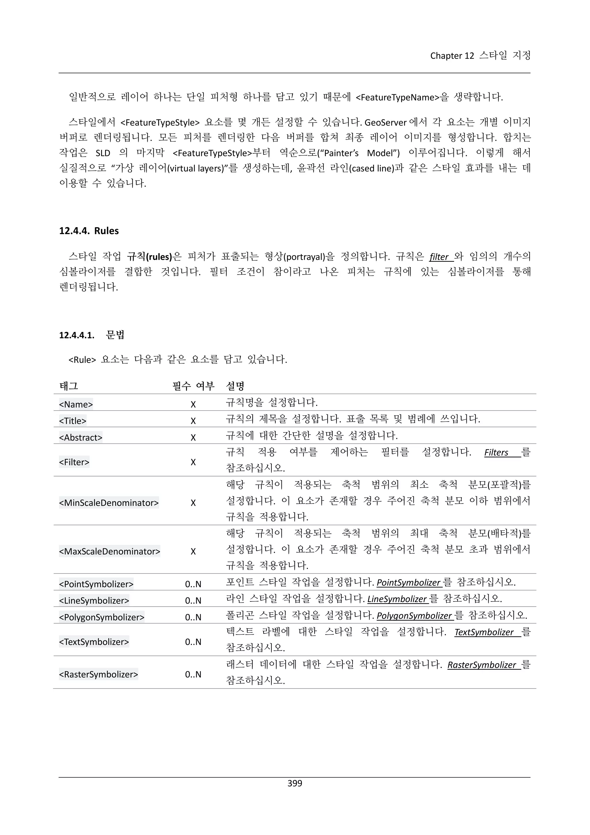 Chapter 12 스타일 지정

일반적으로 레이어 하나는 단일 피처형 하나를 담고 있기 때문에 <FeatureTypeName>을 생략합니다.
스타일에서 <FeatureTypeStyle> 요소를 몇 개든 설정할 수 있습니다. GeoServer 에서 각 요소는 개별 이미지
버퍼로 렌더링됩니다. 모든 피처를 렌더링한 다음 버퍼를 합쳐 최종 레이어 이미지를 형성합니다. 합치는
작업은 SLD 의 마지막 <FeatureTypeStyle>부터 역순으로(“Painter’s Model”) 이루어집니다. 이렇게 해서
실질적으로 “가상 레이어(virtual layers)”를 생성하는데, 윤곽선 라인(cased line)과 같은 스타일 효과를 내는 데
이용할 수 있습니다.

12.4.4. Rules
스타일 작업 규칙(rules)은 피처가 표출되는 형상(portrayal)을 정의합니다. 규칙은 filter 와 임의의 개수의
심볼라이저를 결합한 것입니다. 필터 조건이 참이라고 나온 피처는 규칙에 있는 심볼라이저를 통해
렌더링됩니다.

12.4.4.1.

문법

<Rule> 요소는 다음과 같은 요소를 담고 있습니다.
태그

필수 여부

설명

<Name>

Χ

규칙명을 설정합니다.

<Title>

Χ

규칙의 제목을 설정합니다. 표출 목록 및 범례에 쓰입니다.

<Abstract>

Χ

규칙에 대한 간단한 설명을 설정합니다.

<Filter>

Χ

규칙

Χ

여부를

제어하는

필터를

설정합니다.

Filters

를

참조하십시오.
해당

<MinScaleDenominator>

적용
규칙이

적용되는

축척

범위의

최소

축척

분모(포괄적)를

설정합니다. 이 요소가 존재할 경우 주어진 축척 분모 이하 범위에서
규칙을 적용합니다.
해당

<MaxScaleDenominator>

Χ

규칙이

적용되는

축척

범위의

최대

축척

분모(배타적)를

설정합니다. 이 요소가 존재할 경우 주어진 축척 분모 초과 범위에서
규칙을 적용합니다.

<PointSymbolizer>

0..N

포인트 스타일 작업을 설정합니다. PointSymbolizer 를 참조하십시오.

<LineSymbolizer>

0..N

라인 스타일 작업을 설정합니다. LineSymbolizer 를 참조하십시오.

<PolygonSymbolizer>

0..N

폴리곤 스타일 작업을 설정합니다. PolygonSymbolizer 를 참조하십시오.

<TextSymbolizer>

0..N

<RasterSymbolizer>

0..N

텍스트 라벨에 대한 스타일 작업을 설정합니다. TextSymbolizer 를
참조하십시오.
래스터 데이터에 대한 스타일 작업을 설정합니다. RasterSymbolizer 를
참조하십시오.

399

 