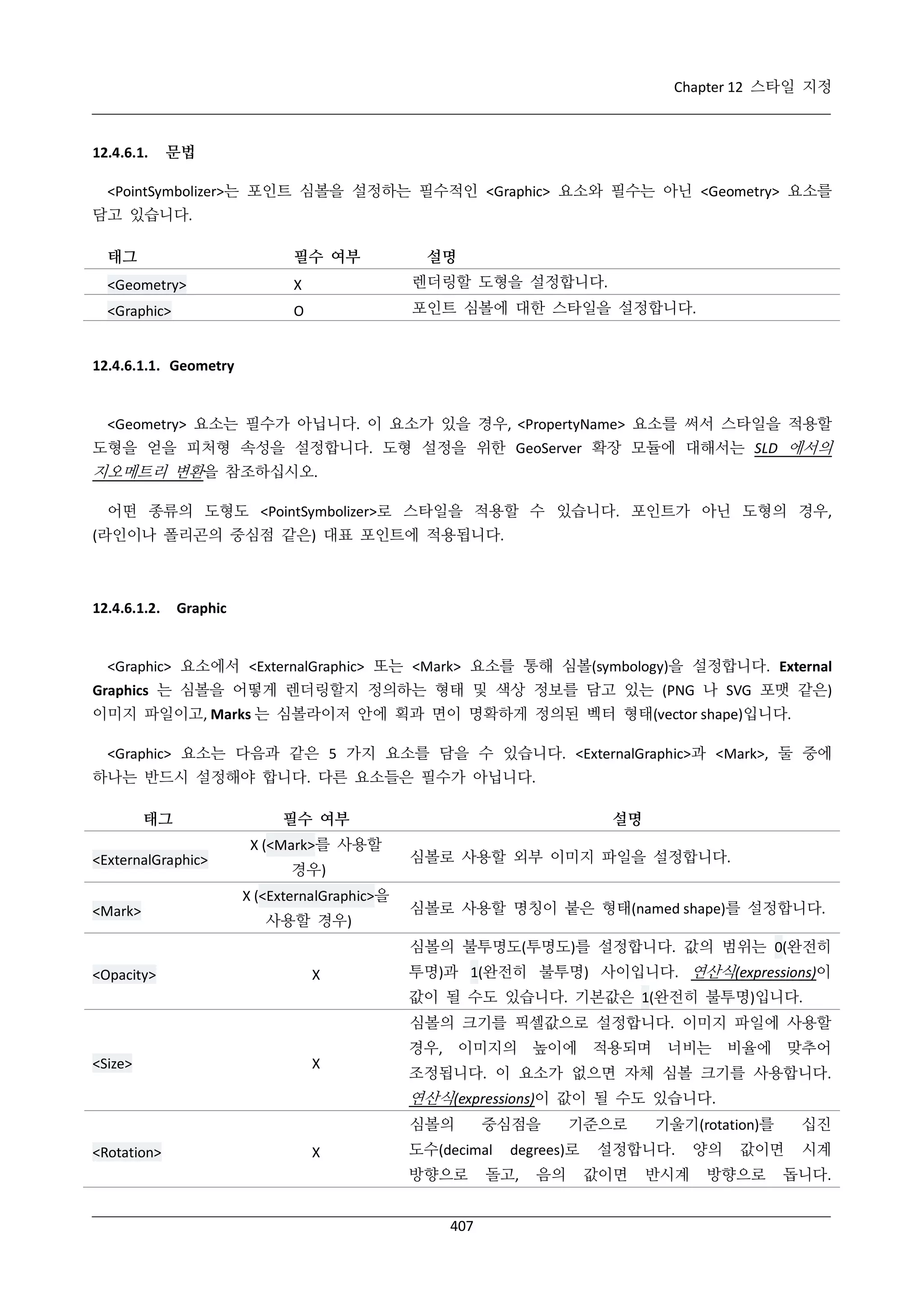 Chapter 12 스타일 지정

12.4.6.1.

문법

<PointSymbolizer>는 포인트 심볼을 설정하는 필수적인 <Graphic> 요소와 필수는 아닌 <Geometry> 요소를
담고 있습니다.
태그

필수 여부

설명

<Geometry>

Χ

렌더링할 도형을 설정합니다.

<Graphic>

O

포인트 심볼에 대한 스타일을 설정합니다.

12.4.6.1.1. Geometry

<Geometry> 요소는 필수가 아닙니다. 이 요소가 있을 경우, <PropertyName> 요소를 써서 스타일을 적용할
도형을 얻을 피처형 속성을 설정합니다. 도형 설정을 위한 GeoServer 확장 모듈에 대해서는 SLD 에서의

지오메트리 변환을 참조하십시오.
어떤 종류의 도형도 <PointSymbolizer>로 스타일을 적용할 수 있습니다. 포인트가 아닌 도형의 경우,
(라인이나 폴리곤의 중심점 같은) 대표 포인트에 적용됩니다.

12.4.6.1.2.

Graphic

<Graphic> 요소에서 <ExternalGraphic> 또는 <Mark> 요소를 통해 심볼(symbology)을 설정합니다. External
Graphics 는 심볼을 어떻게 렌더링할지 정의하는 형태 및 색상 정보를 담고 있는 (PNG 나 SVG 포맷 같은)
이미지 파일이고, Marks 는 심볼라이저 안에 획과 면이 명확하게 정의된 벡터 형태(vector shape)입니다.
<Graphic> 요소는 다음과 같은 5 가지 요소를 담을 수 있습니다. <ExternalGraphic>과 <Mark>, 둘 중에
하나는 반드시 설정해야 합니다. 다른 요소들은 필수가 아닙니다.
태그
<ExternalGraphic>
<Mark>

필수 여부
Χ (<Mark>를 사용할
경우)
Χ (<ExternalGraphic>을
사용할 경우)

설명
심볼로 사용할 외부 이미지 파일을 설정합니다.
심볼로 사용할 명칭이 붙은 형태(named shape)를 설정합니다.
심볼의 불투명도(투명도)를 설정합니다. 값의 범위는 0(완전히

<Opacity>

Χ

투명)과 1(완전히 불투명) 사이입니다. 연산식(expressions)이
값이 될 수도 있습니다. 기본값은 1(완전히 불투명)입니다.
심볼의 크기를 픽셀값으로 설정합니다. 이미지 파일에 사용할
경우, 이미지의

<Size>

Χ

높이에

적용되며

너비는 비율에

맞추어

조정됩니다. 이 요소가 없으면 자체 심볼 크기를 사용합니다.

연산식(expressions)이 값이 될 수도 있습니다.
심볼의
<Rotation>

Χ

중심점을

도수(decimal
방향으로
407

기준으로

degrees)로

돌고,

음의

기울기(rotation)를

설정합니다.
값이면

반시계

양의

십진

값이면

방향으로

시계

돕니다.

 