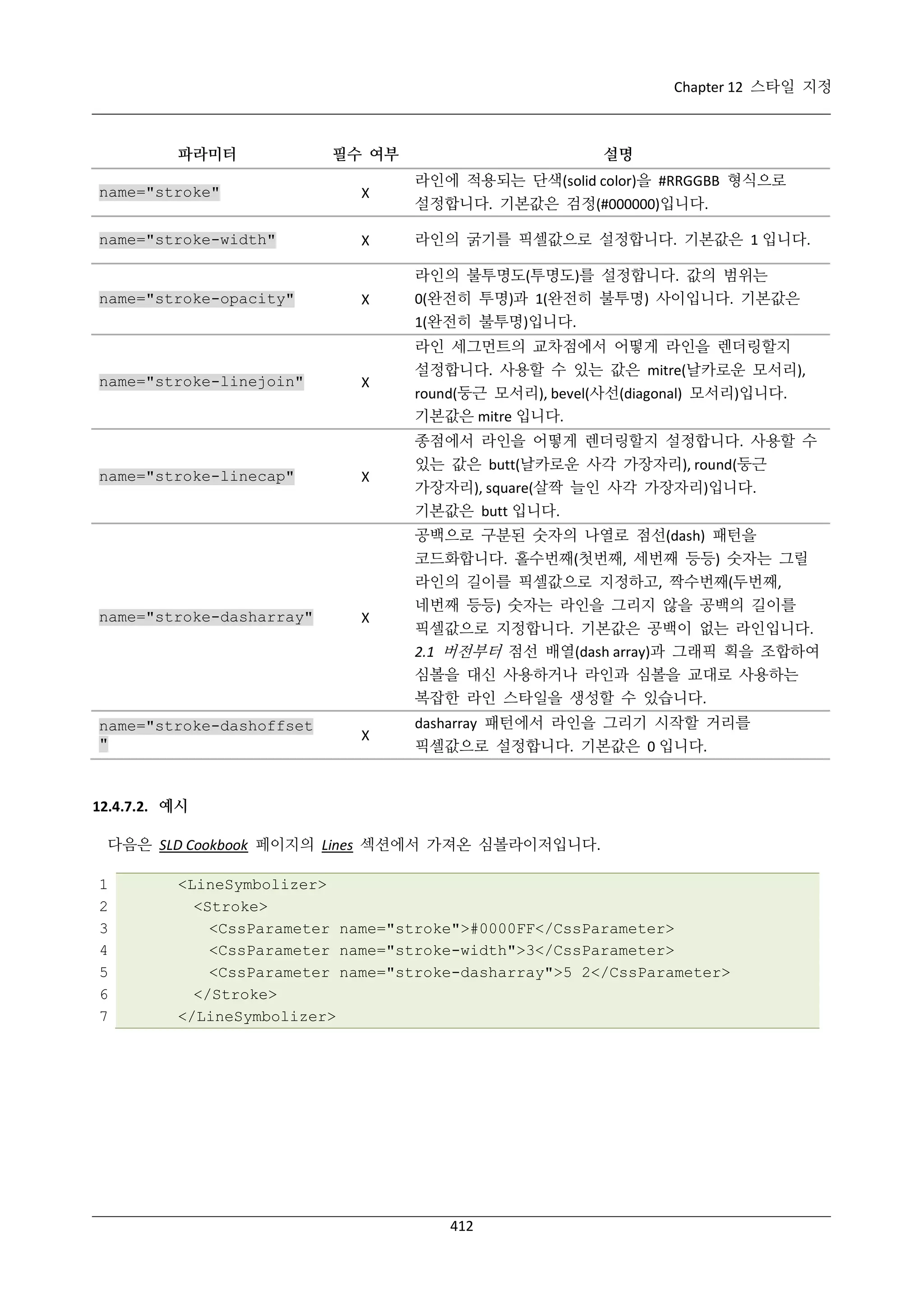 Chapter 12 스타일 지정

파라미터

필수 여부

설명

name="stroke"

Χ

라인에 적용되는 단색(solid color)을 #RRGGBB 형식으로
설정합니다. 기본값은 검정(#000000)입니다.

name="stroke-width"

Χ

라인의 굵기를 픽셀값으로 설정합니다. 기본값은 1 입니다.

Χ

라인의 불투명도(투명도)를 설정합니다. 값의 범위는
0(완전히 투명)과 1(완전히 불투명) 사이입니다. 기본값은
1(완전히 불투명)입니다.

Χ

라인 세그먼트의 교차점에서 어떻게 라인을 렌더링할지
설정합니다. 사용할 수 있는 값은 mitre(날카로운 모서리),
round(둥근 모서리), bevel(사선(diagonal) 모서리)입니다.
기본값은 mitre 입니다.

name="stroke-opacity"

name="stroke-linejoin"

name="stroke-linecap"

Χ

종점에서 라인을 어떻게 렌더링할지 설정합니다. 사용할 수
있는 값은 butt(날카로운 사각 가장자리), round(둥근
가장자리), square(살짝 늘인 사각 가장자리)입니다.
기본값은 butt 입니다.
공백으로 구분된 숫자의 나열로 점선(dash) 패턴을
코드화합니다. 홀수번째(첫번째, 세번째 등등) 숫자는 그릴
라인의 길이를 픽셀값으로 지정하고, 짝수번째(두번째,

name="stroke-dasharray"

Χ

name="stroke-dashoffset
"

Χ

네번째 등등) 숫자는 라인을 그리지 않을 공백의 길이를
픽셀값으로 지정합니다. 기본값은 공백이 없는 라인입니다.
2.1 버전부터 점선 배열(dash array)과 그래픽 획을 조합하여
심볼을 대신 사용하거나 라인과 심볼을 교대로 사용하는
복잡한 라인 스타일을 생성할 수 있습니다.
dasharray 패턴에서 라인을 그리기 시작할 거리를
픽셀값으로 설정합니다. 기본값은 0 입니다.

12.4.7.2. 예시
다음은 SLD Cookbook 페이지의 Lines 섹션에서 가져온 심볼라이저입니다.
1
2
3
4
5
6
7

<LineSymbolizer>
<Stroke>
<CssParameter name="stroke">#0000FF</CssParameter>
<CssParameter name="stroke-width">3</CssParameter>
<CssParameter name="stroke-dasharray">5 2</CssParameter>
</Stroke>
</LineSymbolizer>

412

 