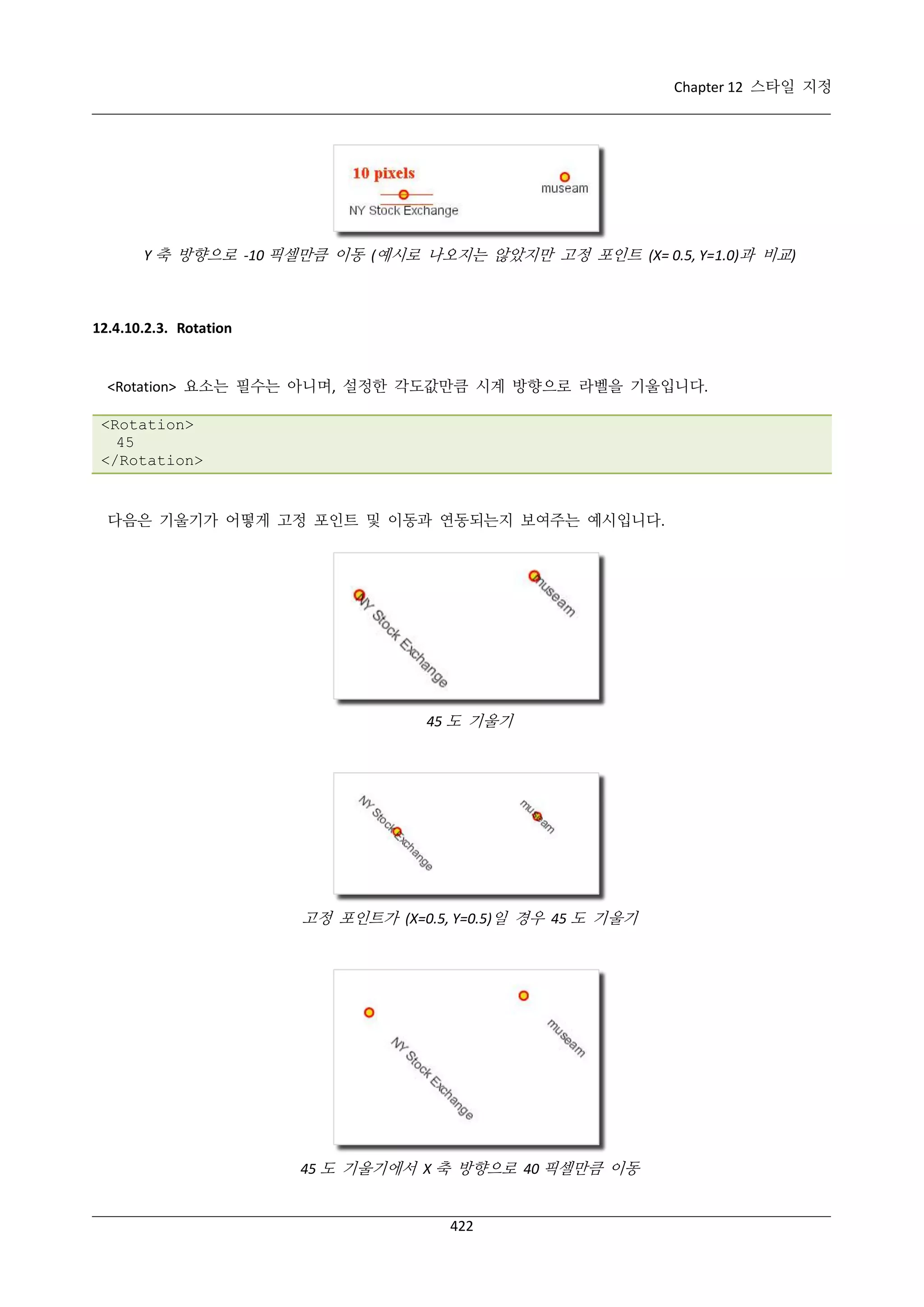 Chapter 12 스타일 지정

Y 축 방향으로 -10 픽셀만큼 이동 (예시로 나오지는 않았지만 고정 포인트 (X= 0.5, Y=1.0)과 비교)

12.4.10.2.3. Rotation

<Rotation> 요소는 필수는 아니며, 설정한 각도값만큼 시계 방향으로 라벨을 기울입니다.
<Rotation>
45
</Rotation>

다음은 기울기가 어떻게 고정 포인트 및 이동과 연동되는지 보여주는 예시입니다.

45 도 기울기

고정 포인트가 (X=0.5, Y=0.5)일 경우 45 도 기울기

45 도 기울기에서 X 축 방향으로 40 픽셀만큼 이동

422

 
