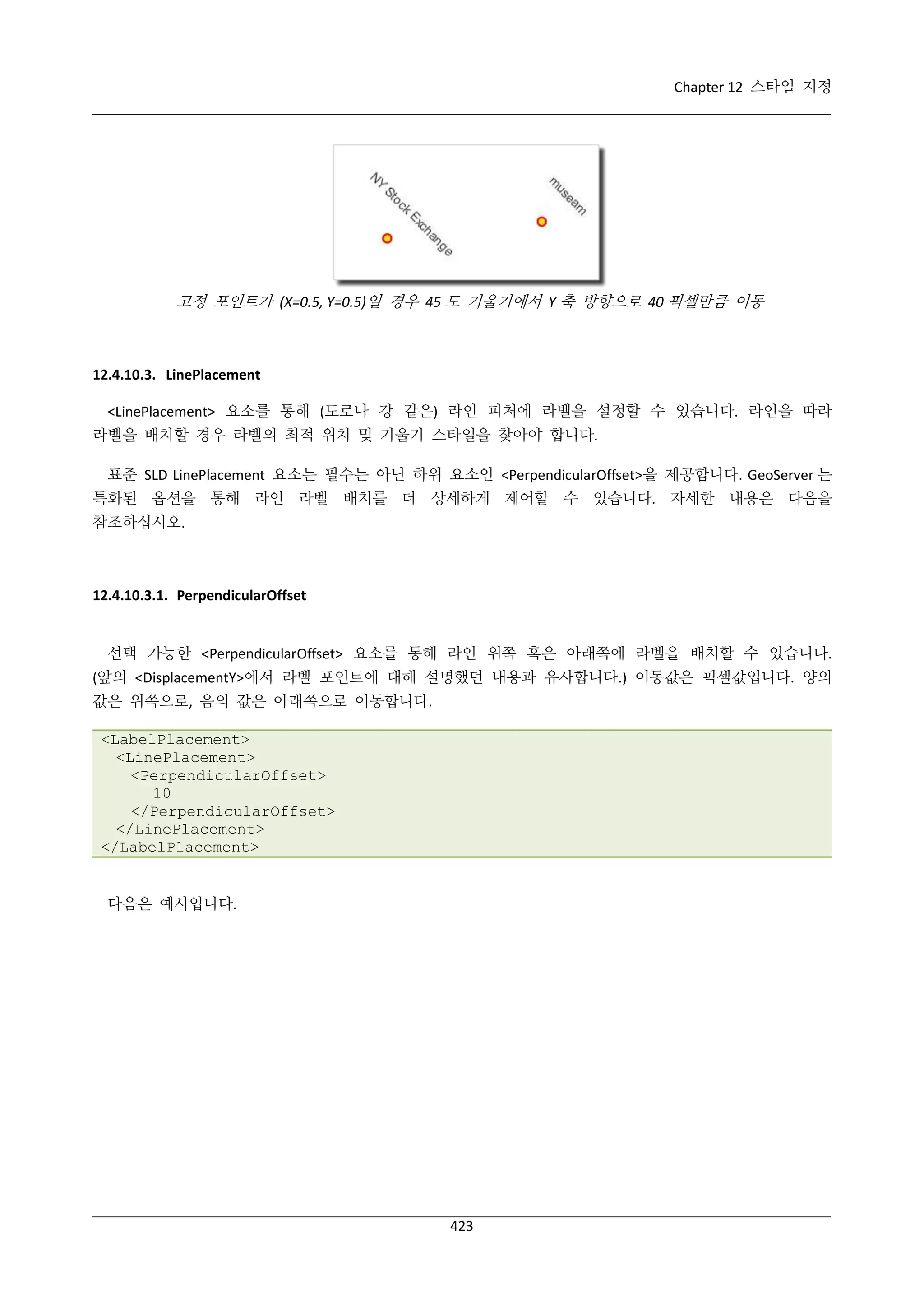 Chapter 12 스타일 지정

고정 포인트가 (X=0.5, Y=0.5)일 경우 45 도 기울기에서 Y 축 방향으로 40 픽셀만큼 이동

12.4.10.3. LinePlacement
<LinePlacement> 요소를 통해 (도로나 강 같은) 라인 피처에 라벨을 설정할 수 있습니다. 라인을 따라
라벨을 배치할 경우 라벨의 최적 위치 및 기울기 스타일을 찾아야 합니다.
표준 SLD LinePlacement 요소는 필수는 아닌 하위 요소인 <PerpendicularOffset>을 제공합니다. GeoServer 는
특화된 옵션을 통해 라인 라벨 배치를 더 상세하게 제어할 수 있습니다. 자세한 내용은 다음을
참조하십시오.

12.4.10.3.1. PerpendicularOffset

선택 가능한 <PerpendicularOffset> 요소를 통해 라인 위쪽 혹은 아래쪽에 라벨을 배치할 수 있습니다.
(앞의 <DisplacementY>에서 라벨 포인트에 대해 설명했던 내용과 유사합니다.) 이동값은 픽셀값입니다. 양의
값은 위쪽으로, 음의 값은 아래쪽으로 이동합니다.
<LabelPlacement>
<LinePlacement>
<PerpendicularOffset>
10
</PerpendicularOffset>
</LinePlacement>
</LabelPlacement>

다음은 예시입니다.

423

 