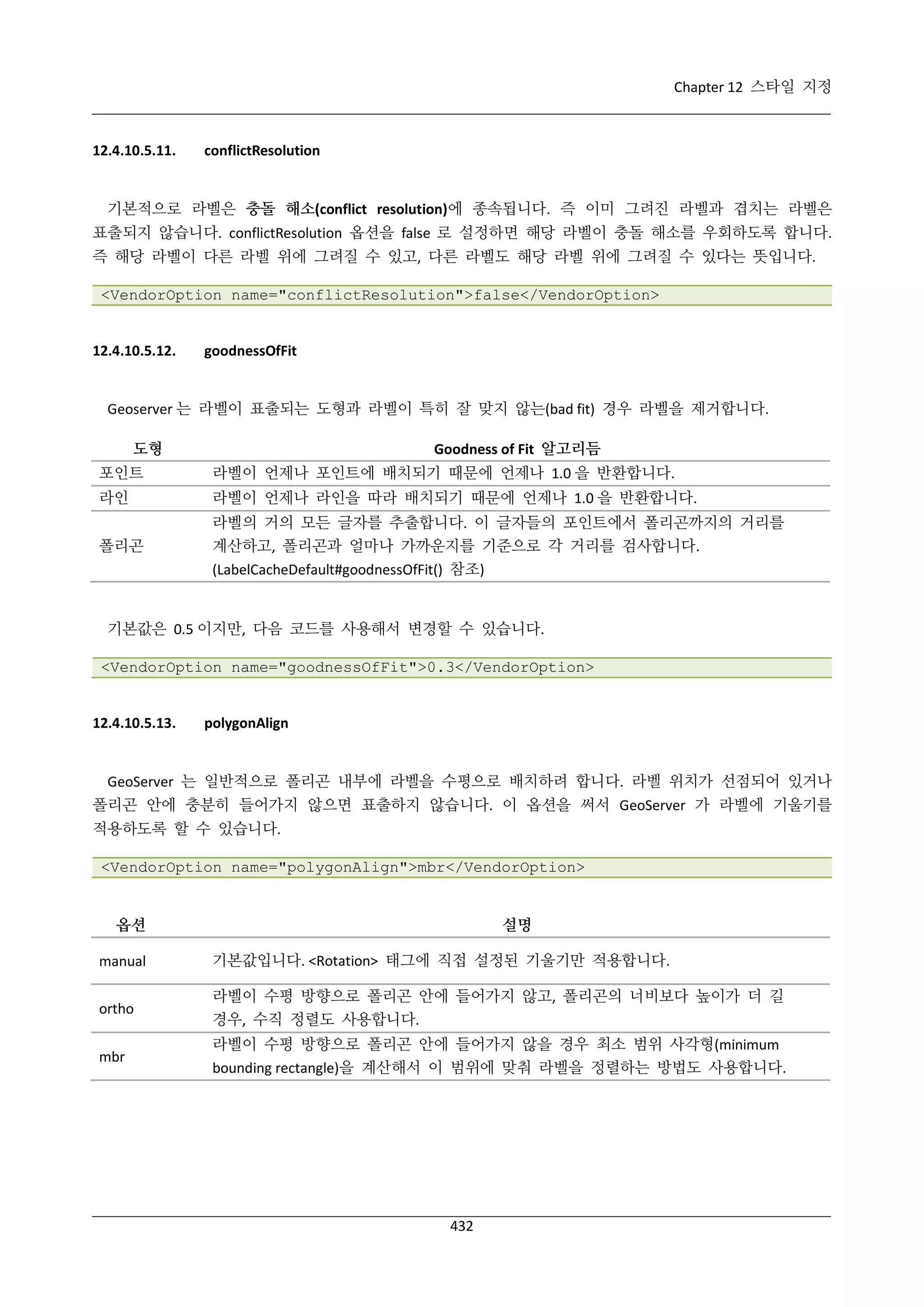 Chapter 12 스타일 지정

12.4.10.5.11.

conflictResolution

기본적으로 라벨은 충돌 해소(conflict resolution)에 종속됩니다. 즉 이미 그려진 라벨과 겹치는 라벨은
표출되지 않습니다. conflictResolution 옵션을 false 로 설정하면 해당 라벨이 충돌 해소를 우회하도록 합니다.
즉 해당 라벨이 다른 라벨 위에 그려질 수 있고, 다른 라벨도 해당 라벨 위에 그려질 수 있다는 뜻입니다.
<VendorOption name="conflictResolution">false</VendorOption>

12.4.10.5.12.

goodnessOfFit

Geoserver 는 라벨이 표출되는 도형과 라벨이 특히 잘 맞지 않는(bad fit) 경우 라벨을 제거합니다.
도형

Goodness of Fit 알고리듬

포인트

라벨이 언제나 포인트에 배치되기 때문에 언제나 1.0 을 반환합니다.

라인

라벨이 언제나 라인을 따라 배치되기 때문에 언제나 1.0 을 반환합니다.

폴리곤

라벨의 거의 모든 글자를 추출합니다. 이 글자들의 포인트에서 폴리곤까지의 거리를
계산하고, 폴리곤과 얼마나 가까운지를 기준으로 각 거리를 검사합니다.
(LabelCacheDefault#goodnessOfFit() 참조)

기본값은 0.5 이지만, 다음 코드를 사용해서 변경할 수 있습니다.
<VendorOption name="goodnessOfFit">0.3</VendorOption>

12.4.10.5.13.

polygonAlign

GeoServer 는 일반적으로 폴리곤 내부에 라벨을 수평으로 배치하려 합니다. 라벨 위치가 선점되어 있거나
폴리곤 안에 충분히 들어가지 않으면 표출하지 않습니다. 이 옵션을 써서 GeoServer 가 라벨에 기울기를
적용하도록 할 수 있습니다.
<VendorOption name="polygonAlign">mbr</VendorOption>

옵션

설명

manual

기본값입니다. <Rotation> 태그에 직접 설정된 기울기만 적용합니다.

ortho

라벨이 수평 방향으로 폴리곤 안에 들어가지 않고, 폴리곤의 너비보다 높이가 더 길
경우, 수직 정렬도 사용합니다.

mbr

라벨이 수평 방향으로 폴리곤 안에 들어가지 않을 경우 최소 범위 사각형(minimum
bounding rectangle)을 계산해서 이 범위에 맞춰 라벨을 정렬하는 방법도 사용합니다.

432

 