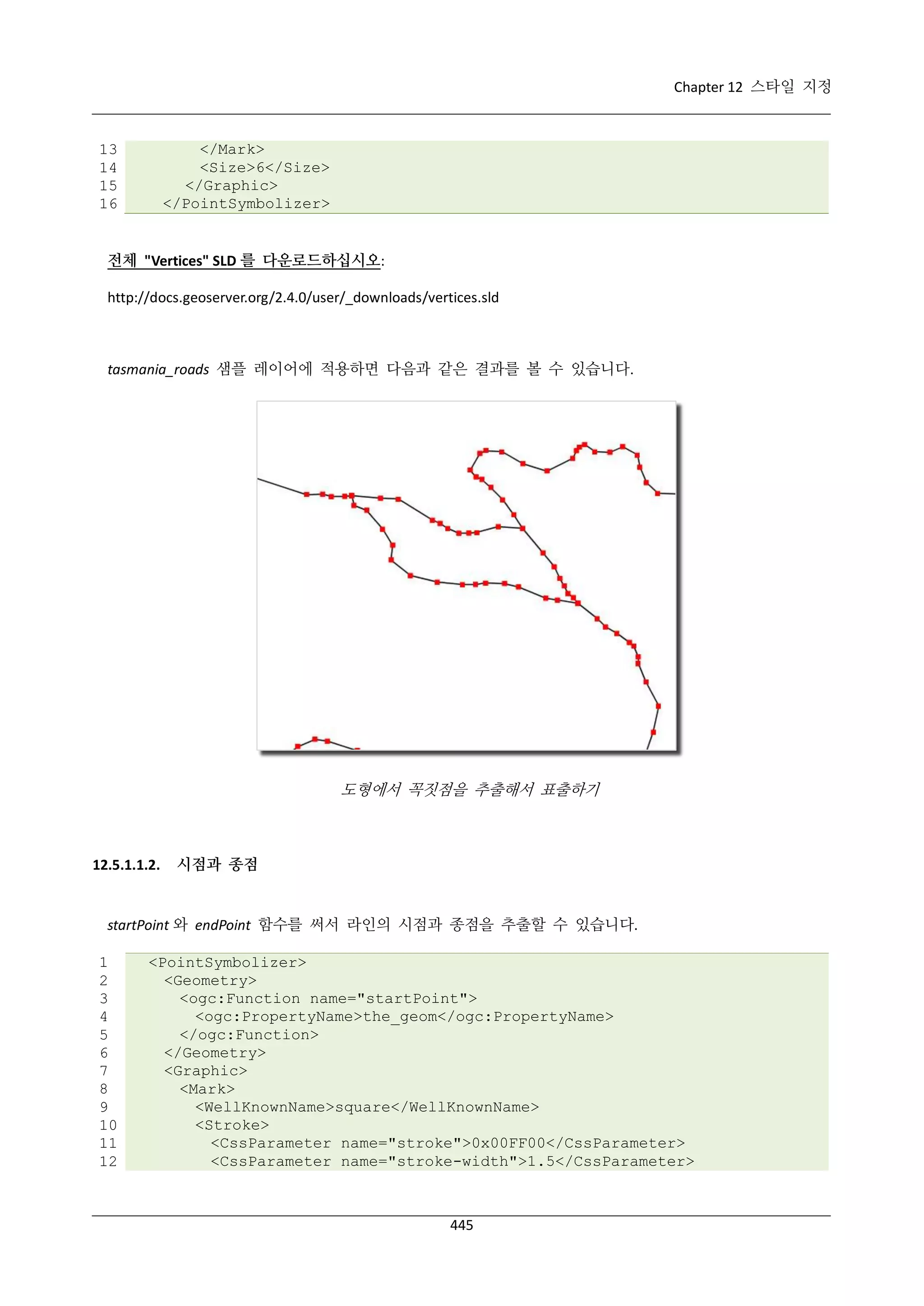 Chapter 12 스타일 지정

</Mark>
<Size>6</Size>
</Graphic>
</PointSymbolizer>

13
14
15
16

전체 "Vertices" SLD 를 다운로드하십시오:
http://docs.geoserver.org/2.4.0/user/_downloads/vertices.sld

tasmania_roads 샘플 레이어에 적용하면 다음과 같은 결과를 볼 수 있습니다.

도형에서 꼭짓점을 추출해서 표출하기

12.5.1.1.2.

시점과 종점

startPoint 와 endPoint 함수를 써서 라인의 시점과 종점을 추출할 수 있습니다.
1
2
3
4
5
6
7
8
9
10
11
12

<PointSymbolizer>
<Geometry>
<ogc:Function name="startPoint">
<ogc:PropertyName>the_geom</ogc:PropertyName>
</ogc:Function>
</Geometry>
<Graphic>
<Mark>
<WellKnownName>square</WellKnownName>
<Stroke>
<CssParameter name="stroke">0x00FF00</CssParameter>
<CssParameter name="stroke-width">1.5</CssParameter>

445

 