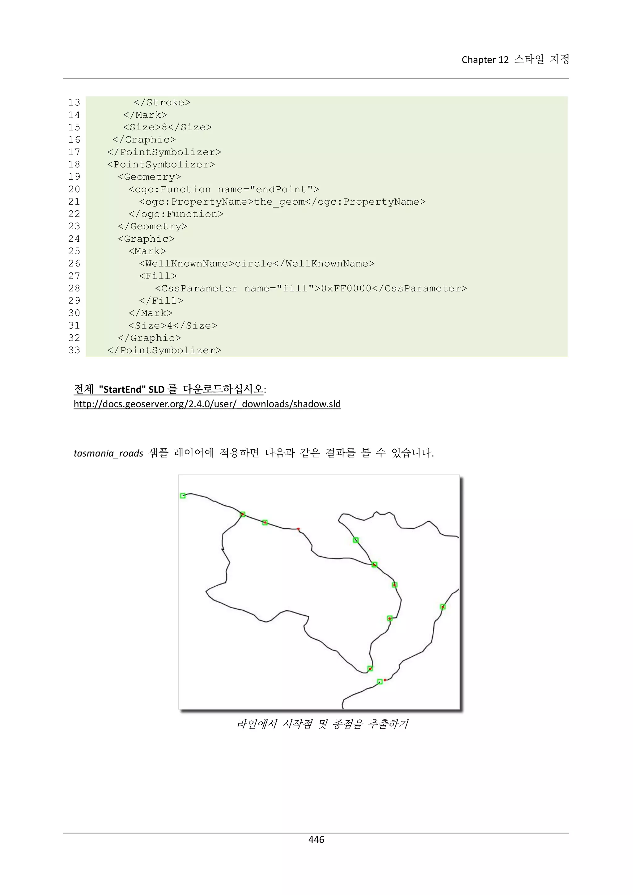 Chapter 12 스타일 지정

13
14
15
16
17
18
19
20
21
22
23
24
25
26
27
28
29
30
31
32
33

</Stroke>
</Mark>
<Size>8</Size>
</Graphic>
</PointSymbolizer>
<PointSymbolizer>
<Geometry>
<ogc:Function name="endPoint">
<ogc:PropertyName>the_geom</ogc:PropertyName>
</ogc:Function>
</Geometry>
<Graphic>
<Mark>
<WellKnownName>circle</WellKnownName>
<Fill>
<CssParameter name="fill">0xFF0000</CssParameter>
</Fill>
</Mark>
<Size>4</Size>
</Graphic>
</PointSymbolizer>

전체 "StartEnd" SLD 를 다운로드하십시오:
http://docs.geoserver.org/2.4.0/user/_downloads/shadow.sld

tasmania_roads 샘플 레이어에 적용하면 다음과 같은 결과를 볼 수 있습니다.

라인에서 시작점 및 종점을 추출하기

446

 