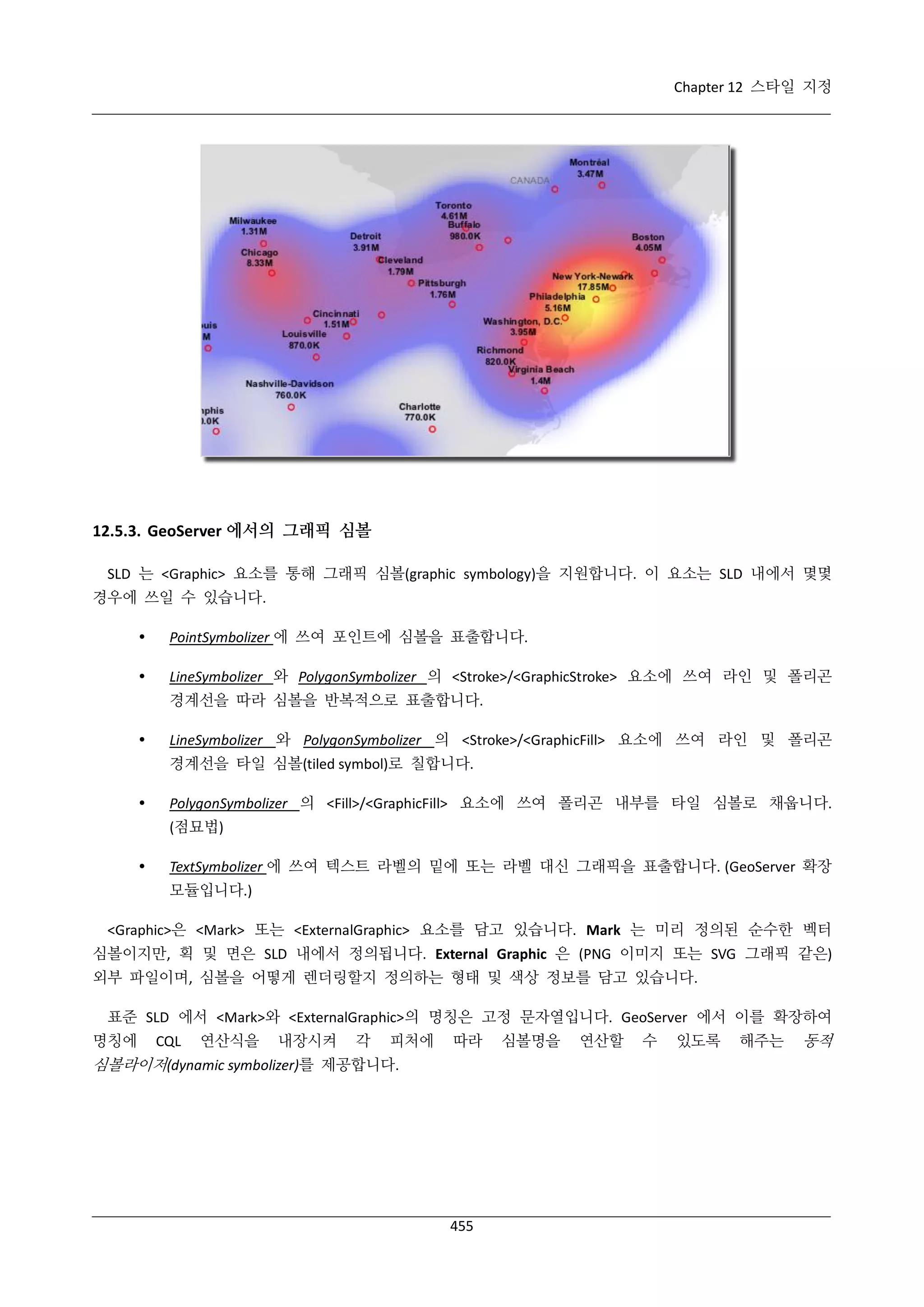 Chapter 12 스타일 지정

12.5.3. GeoServer 에서의 그래픽 심볼
SLD 는 <Graphic> 요소를 통해 그래픽 심볼(graphic symbology)을 지원합니다. 이 요소는 SLD 내에서 몇몇
경우에 쓰일 수 있습니다.


PointSymbolizer 에 쓰여 포인트에 심볼을 표출합니다.



LineSymbolizer 와 PolygonSymbolizer 의 <Stroke>/<GraphicStroke> 요소에 쓰여 라인 및 폴리곤
경계선을 따라 심볼을 반복적으로 표출합니다.



LineSymbolizer 와 PolygonSymbolizer 의 <Stroke>/<GraphicFill> 요소에 쓰여 라인 및 폴리곤
경계선을 타일 심볼(tiled symbol)로 칠합니다.



PolygonSymbolizer 의 <Fill>/<GraphicFill> 요소에 쓰여 폴리곤 내부를 타일 심볼로 채웁니다.
(점묘법)



TextSymbolizer 에 쓰여 텍스트 라벨의 밑에 또는 라벨 대신 그래픽을 표출합니다. (GeoServer 확장
모듈입니다.)

<Graphic>은 <Mark> 또는 <ExternalGraphic> 요소를 담고 있습니다. Mark 는 미리 정의된 순수한 벡터
심볼이지만, 획 및 면은 SLD 내에서 정의됩니다. External Graphic 은 (PNG 이미지 또는 SVG 그래픽 같은)
외부 파일이며, 심볼을 어떻게 렌더링할지 정의하는 형태 및 색상 정보를 담고 있습니다.
표준 SLD 에서 <Mark>와 <ExternalGraphic>의 명칭은 고정 문자열입니다. GeoServer 에서 이를 확장하여
명칭에

CQL

연산식을

내장시켜

각

피처에

따라

심볼라이저(dynamic symbolizer)를 제공합니다.

455

심볼명을

연산할

수

있도록

해주는

동적

 