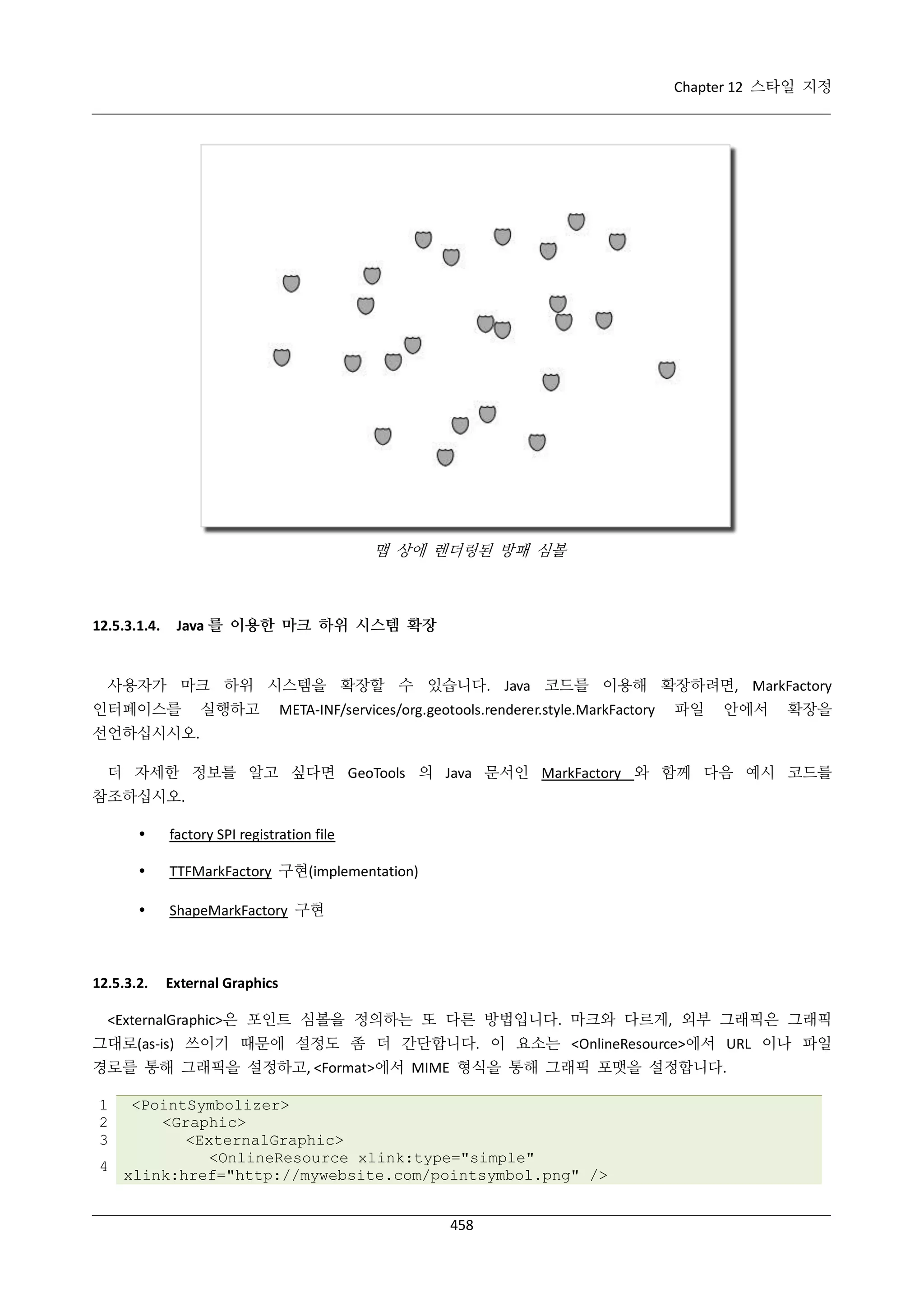 Chapter 12 스타일 지정

맵 상에 렌더링된 방패 심볼

12.5.3.1.4.

Java 를 이용한 마크 하위 시스템 확장

사용자가 마크 하위 시스템을 확장할 수 있습니다. Java 코드를 이용해 확장하려면, MarkFactory
인터페이스를

실행하고

META-INF/services/org.geotools.renderer.style.MarkFactory

파일

안에서

확장을

선언하십시시오.
더 자세한 정보를 알고 싶다면 GeoTools 의 Java 문서인 MarkFactory 와 함께 다음 예시 코드를
참조하십시오.


factory SPI registration file



TTFMarkFactory 구현(implementation)



ShapeMarkFactory 구현

12.5.3.2.

External Graphics

<ExternalGraphic>은 포인트 심볼을 정의하는 또 다른 방법입니다. 마크와 다르게, 외부 그래픽은 그래픽
그대로(as-is) 쓰이기 때문에 설정도 좀 더 간단합니다. 이 요소는 <OnlineResource>에서 URL 이나 파일
경로를 통해 그래픽을 설정하고, <Format>에서 MIME 형식을 통해 그래픽 포맷을 설정합니다.
1
2
3

<PointSymbolizer>
<Graphic>
<ExternalGraphic>
<OnlineResource xlink:type="simple"
4
xlink:href="http://mywebsite.com/pointsymbol.png" />
458

 