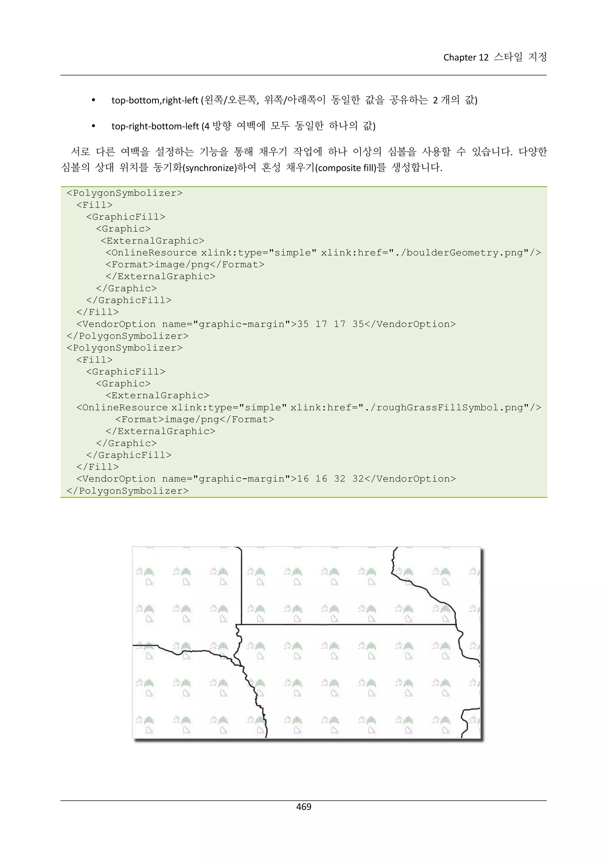 Chapter 12 스타일 지정



top-bottom,right-left (왼쪽/오른쪽, 위쪽/아래쪽이 동일한 값을 공유하는 2 개의 값)



top-right-bottom-left (4 방향 여백에 모두 동일한 하나의 값)

서로 다른 여백을 설정하는 기능을 통해 채우기 작업에 하나 이상의 심볼을 사용할 수 있습니다. 다양한
심볼의 상대 위치를 동기화(synchronize)하여 혼성 채우기(composite fill)를 생성합니다.
<PolygonSymbolizer>
<Fill>
<GraphicFill>
<Graphic>
<ExternalGraphic>
<OnlineResource xlink:type="simple" xlink:href="./boulderGeometry.png"/>
<Format>image/png</Format>
</ExternalGraphic>
</Graphic>
</GraphicFill>
</Fill>
<VendorOption name="graphic-margin">35 17 17 35</VendorOption>
</PolygonSymbolizer>
<PolygonSymbolizer>
<Fill>
<GraphicFill>
<Graphic>
<ExternalGraphic>
<OnlineResource xlink:type="simple" xlink:href="./roughGrassFillSymbol.png"/>
<Format>image/png</Format>
</ExternalGraphic>
</Graphic>
</GraphicFill>
</Fill>
<VendorOption name="graphic-margin">16 16 32 32</VendorOption>
</PolygonSymbolizer>

469

 