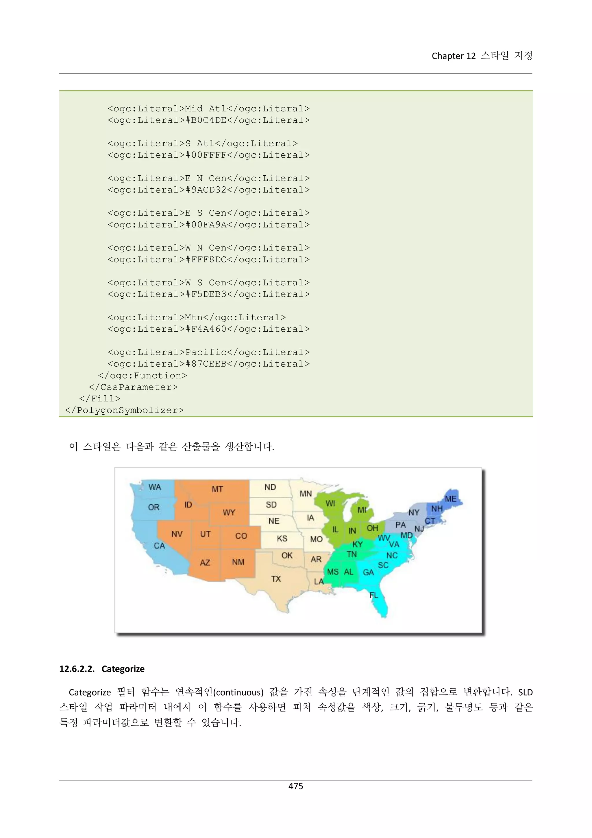 Chapter 12 스타일 지정

<ogc:Literal>Mid Atl</ogc:Literal>
<ogc:Literal>#B0C4DE</ogc:Literal>
<ogc:Literal>S Atl</ogc:Literal>
<ogc:Literal>#00FFFF</ogc:Literal>
<ogc:Literal>E N Cen</ogc:Literal>
<ogc:Literal>#9ACD32</ogc:Literal>
<ogc:Literal>E S Cen</ogc:Literal>
<ogc:Literal>#00FA9A</ogc:Literal>
<ogc:Literal>W N Cen</ogc:Literal>
<ogc:Literal>#FFF8DC</ogc:Literal>
<ogc:Literal>W S Cen</ogc:Literal>
<ogc:Literal>#F5DEB3</ogc:Literal>
<ogc:Literal>Mtn</ogc:Literal>
<ogc:Literal>#F4A460</ogc:Literal>
<ogc:Literal>Pacific</ogc:Literal>
<ogc:Literal>#87CEEB</ogc:Literal>
</ogc:Function>
</CssParameter>
</Fill>
</PolygonSymbolizer>

이 스타일은 다음과 같은 산출물을 생산합니다.

12.6.2.2. Categorize
Categorize 필터 함수는 연속적인(continuous) 값을 가진 속성을 단계적인 값의 집합으로 변환합니다. SLD
스타일 작업 파라미터 내에서 이 함수를 사용하면 피처 속성값을 색상, 크기, 굵기, 불투명도 등과 같은
특정 파라미터값으로 변환할 수 있습니다.

475

 